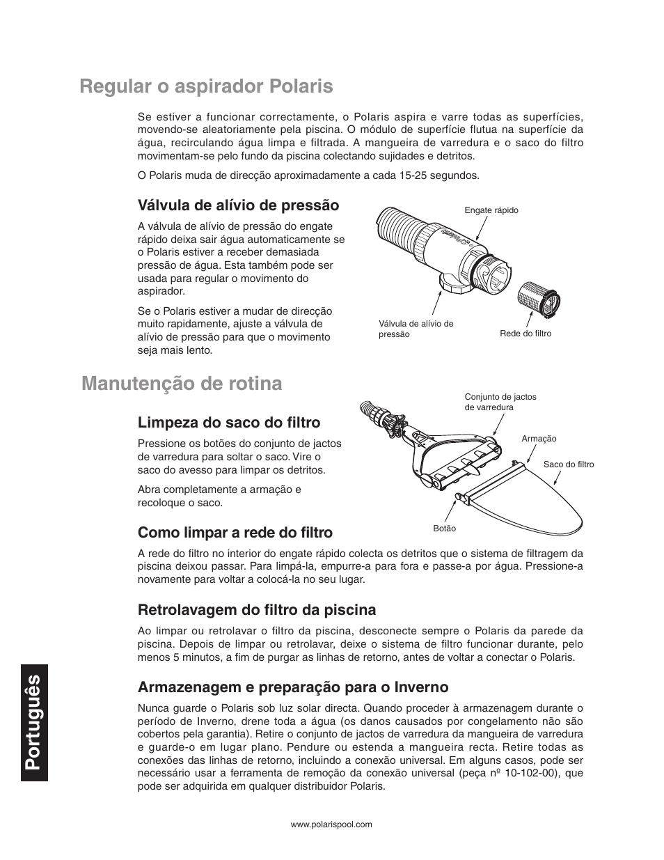 Regular o aspirador polaris p or tuguês, Manutenção de rotina, Válvula de alívio de pressão | Limpeza do saco do filtro, Como limpar a rede do filtro, Retrolavagem do filtro da piscina, Armazenagem e preparação para o inverno | Polaris SUPER TURTLE 65 User Manual | Page 46 / 52