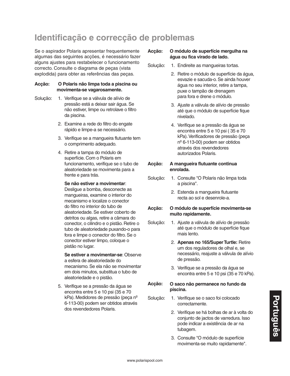 Identificação e correcção de problemas, Por tuguês | Polaris SUPER TURTLE 65 User Manual | Page 47 / 52