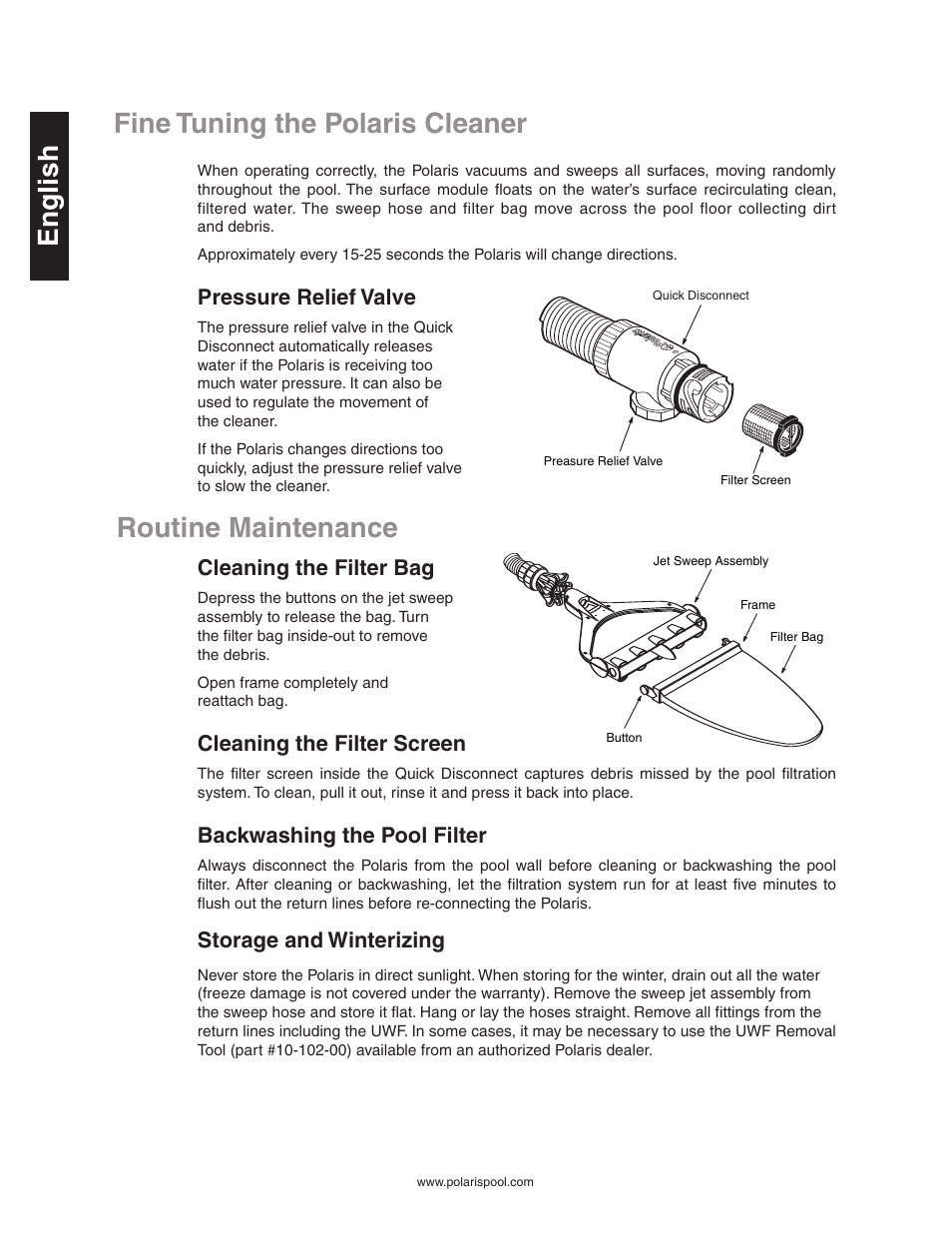 English fine tuning the polaris cleaner, Routine maintenance, Pressure relief valve | Cleaning the filter bag, Cleaning the filter screen, Backwashing the pool filter, Storage and winterizing | Polaris SUPER TURTLE 65 User Manual | Page 6 / 52