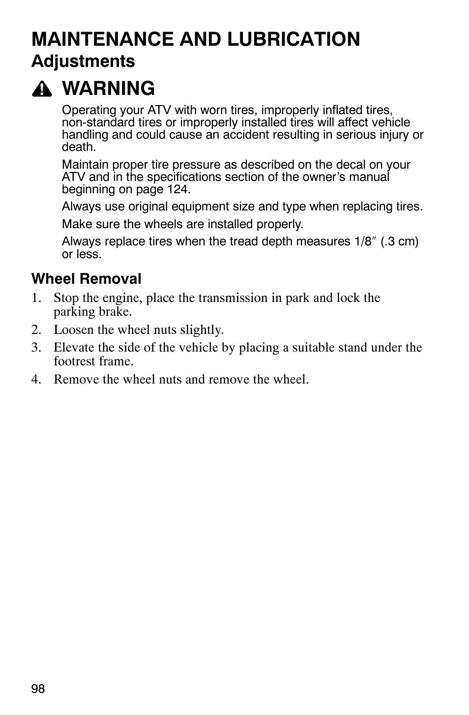 Maintenance and lubrication, Warning, Adjustments | Polaris ATP 330 4x4 User Manual | Page 101 / 140