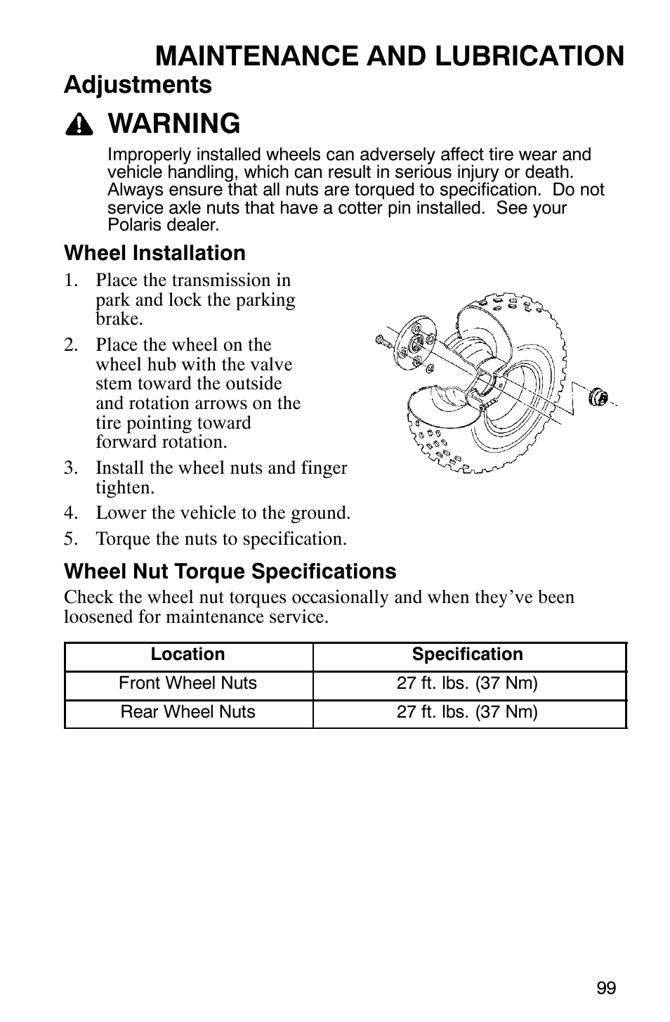 Maintenance and lubrication, Warning, Adjustments | Polaris ATP 330 4x4 User Manual | Page 102 / 140