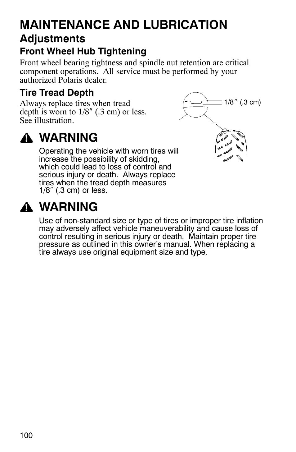 Maintenance and lubrication, Warning, Adjustments | Polaris ATP 330 4x4 User Manual | Page 103 / 140