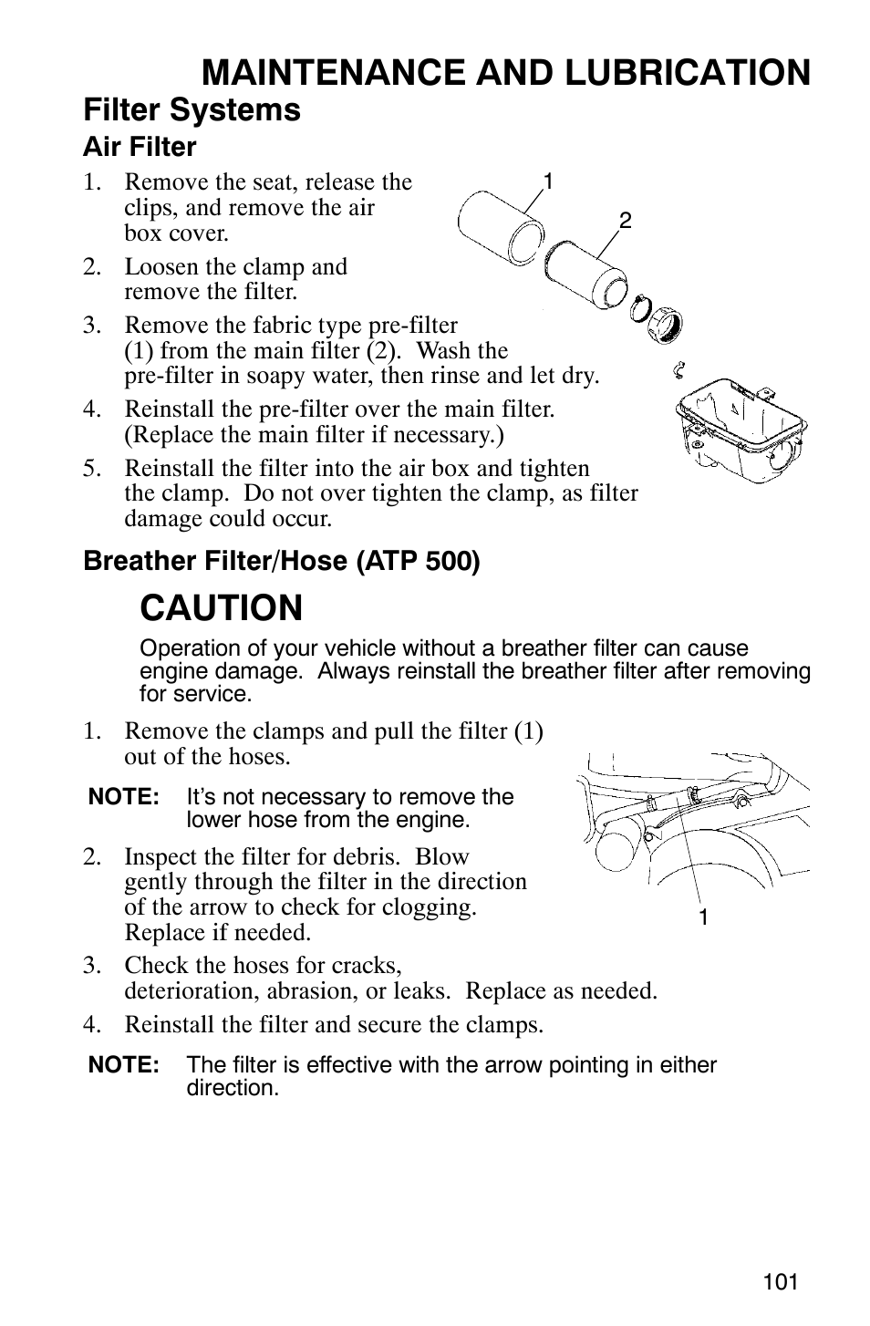 Maintenance and lubrication, Caution, Filter systems | Polaris ATP 330 4x4 User Manual | Page 104 / 140