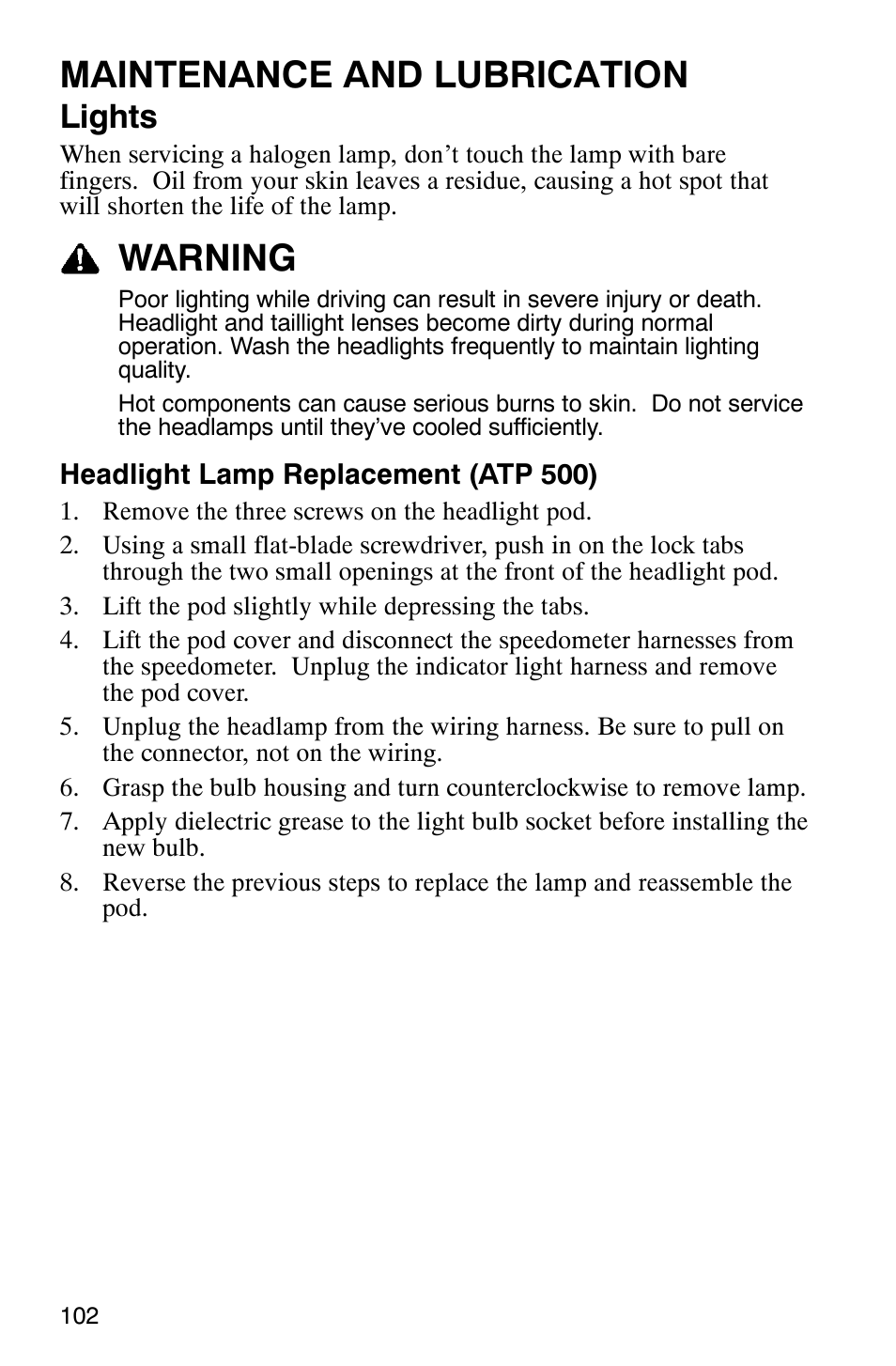 Maintenance and lubrication, Warning, Lights | Polaris ATP 330 4x4 User Manual | Page 105 / 140
