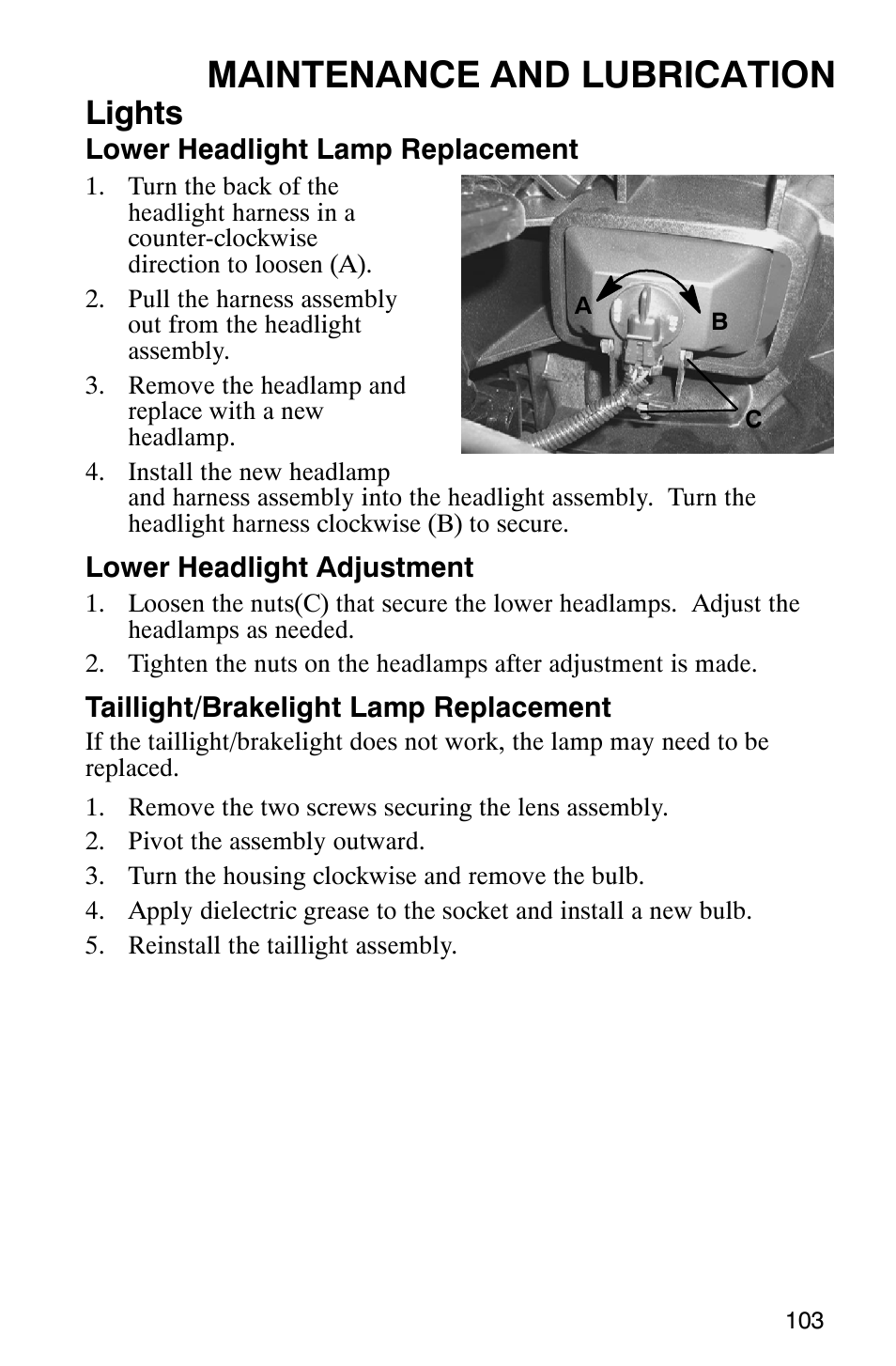 Maintenance and lubrication, Lights | Polaris ATP 330 4x4 User Manual | Page 106 / 140