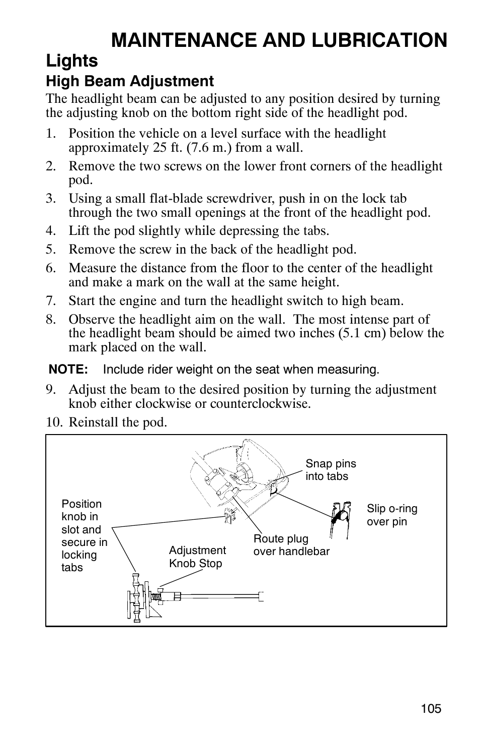 Maintenance and lubrication, Lights, High beam adjustment | Polaris ATP 330 4x4 User Manual | Page 108 / 140