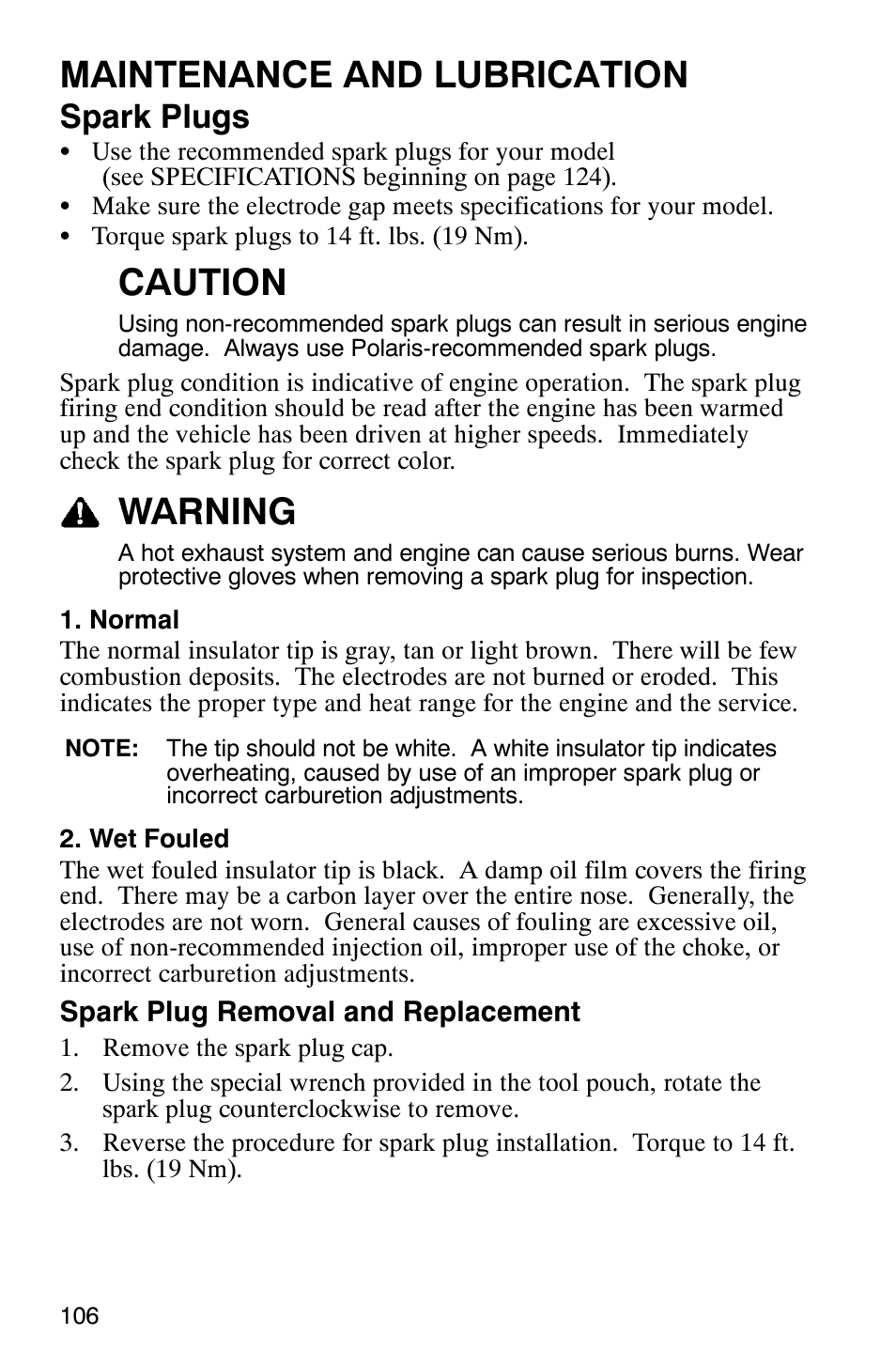 Maintenance and lubrication, Caution, Warning | Spark plugs | Polaris ATP 330 4x4 User Manual | Page 109 / 140