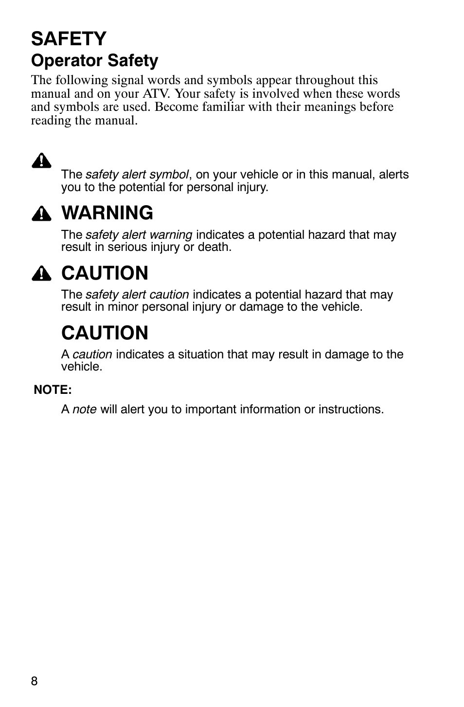 Safety, Warning, Caution | Operator safety | Polaris ATP 330 4x4 User Manual | Page 11 / 140