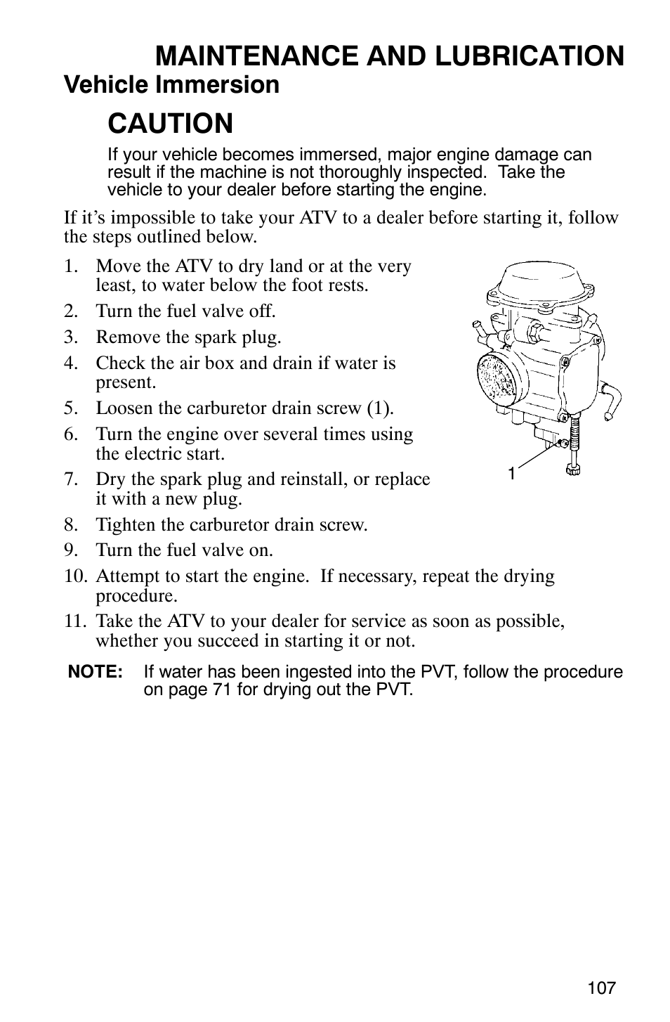 Maintenance and lubrication, Caution, Vehicle immersion | Polaris ATP 330 4x4 User Manual | Page 110 / 140