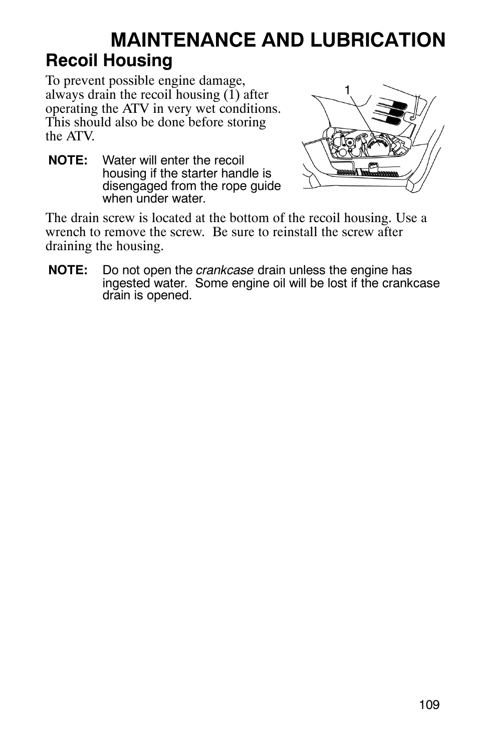 Maintenance and lubrication, Recoil housing | Polaris ATP 330 4x4 User Manual | Page 112 / 140