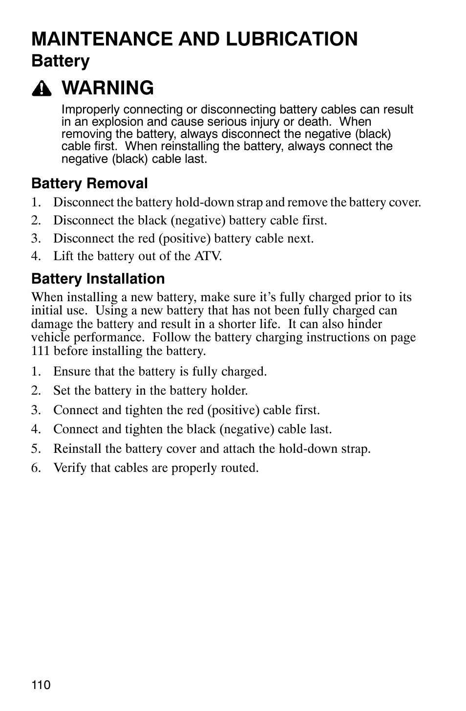 Maintenance and lubrication, Warning, Battery | Polaris ATP 330 4x4 User Manual | Page 113 / 140