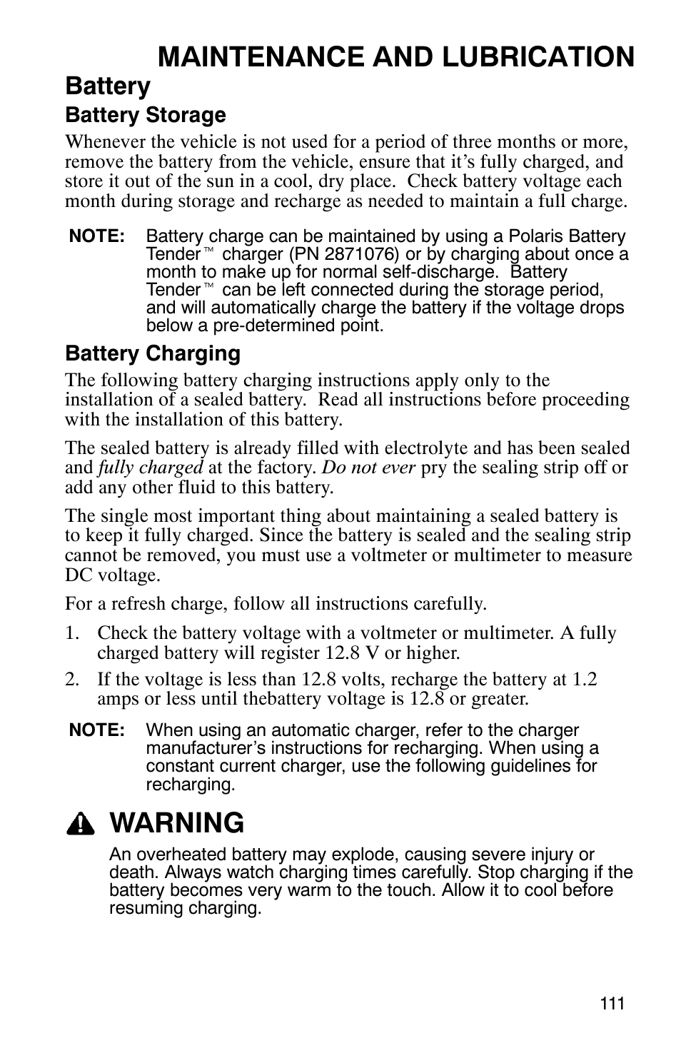 Maintenance and lubrication, Warning, Battery | Polaris ATP 330 4x4 User Manual | Page 114 / 140