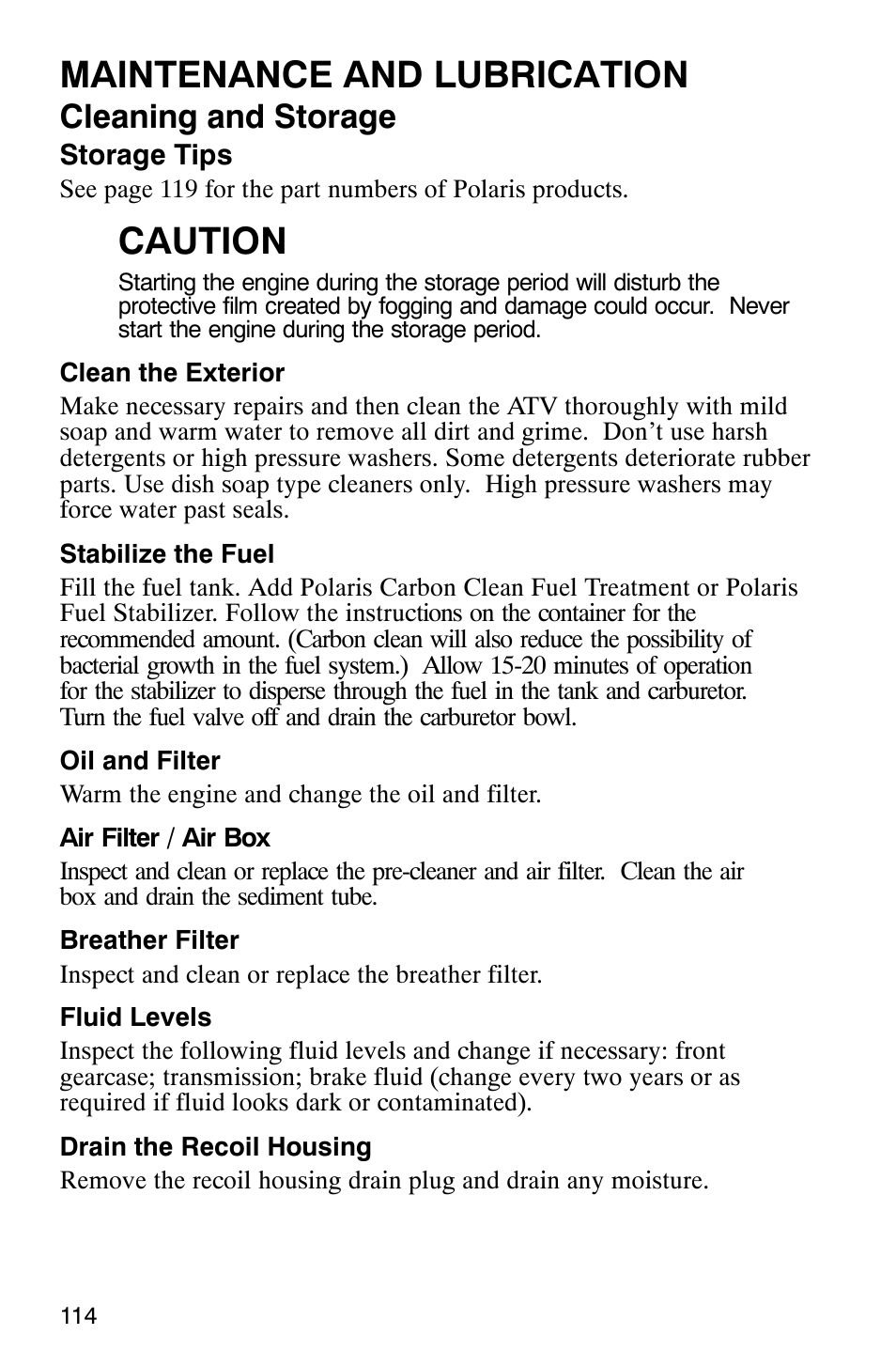 Maintenance and lubrication, Caution, Cleaning and storage | Polaris ATP 330 4x4 User Manual | Page 117 / 140