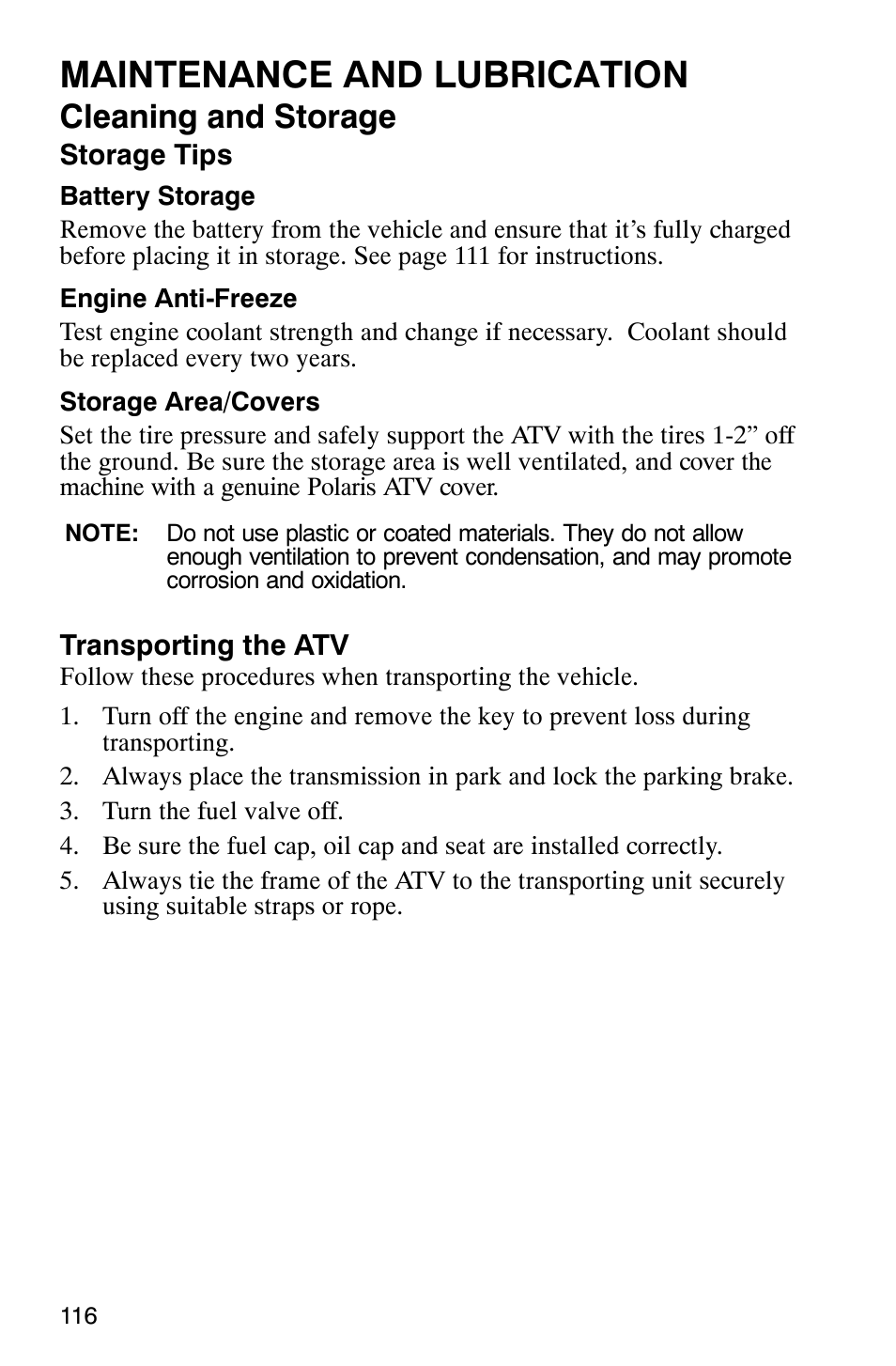 Maintenance and lubrication, Cleaning and storage | Polaris ATP 330 4x4 User Manual | Page 119 / 140