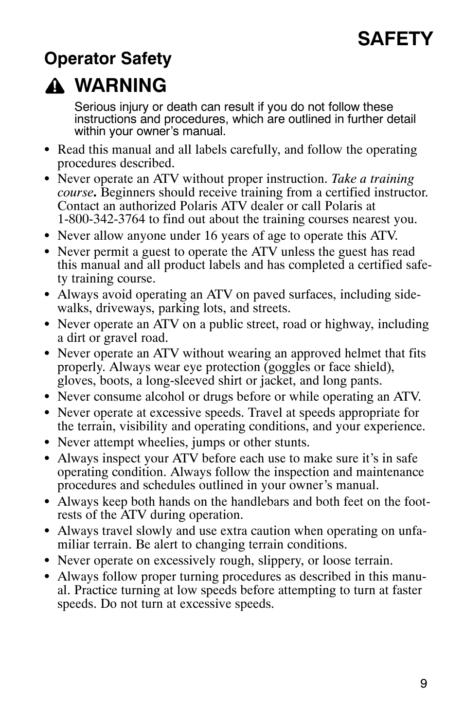 Safety, Warning, Operator safety | Polaris ATP 330 4x4 User Manual | Page 12 / 140