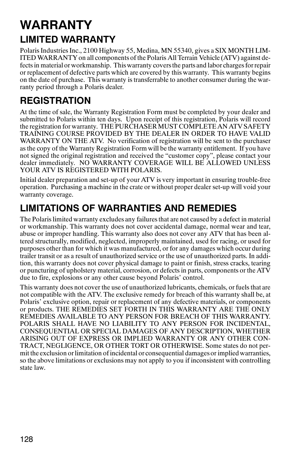 Warranty, Limited warranty, Registration | Limitations of warranties and remedies | Polaris ATP 330 4x4 User Manual | Page 131 / 140