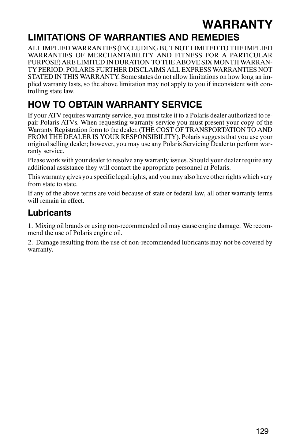 Warranty, Limitations of warranties and remedies, How to obtain warranty service | Polaris ATP 330 4x4 User Manual | Page 132 / 140