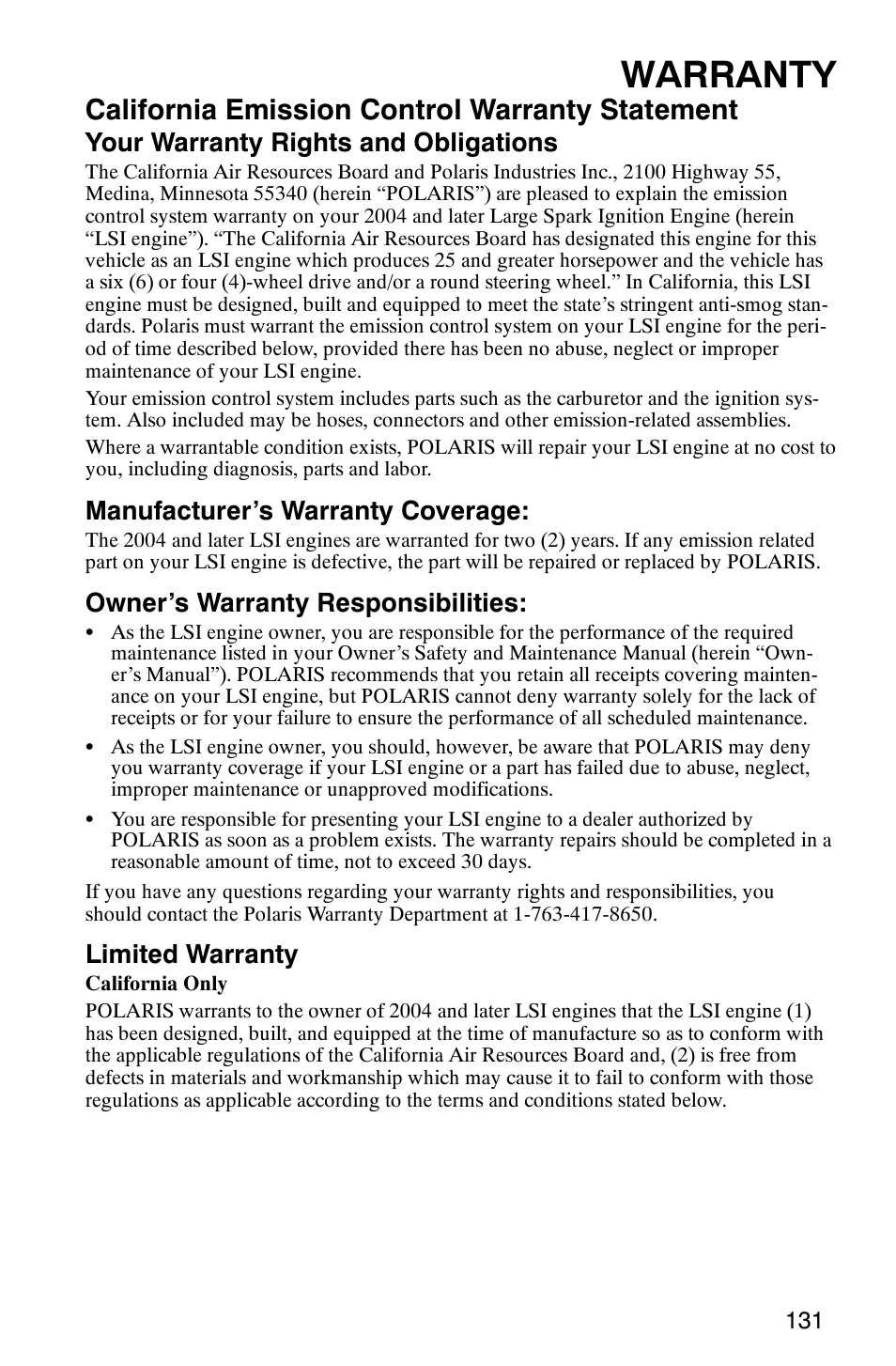 Warranty, California emission control warranty statement, Your warranty rights and obligations | Manufacturer’s warranty coverage, Owner’s warranty responsibilities, Limited warranty | Polaris ATP 330 4x4 User Manual | Page 134 / 140