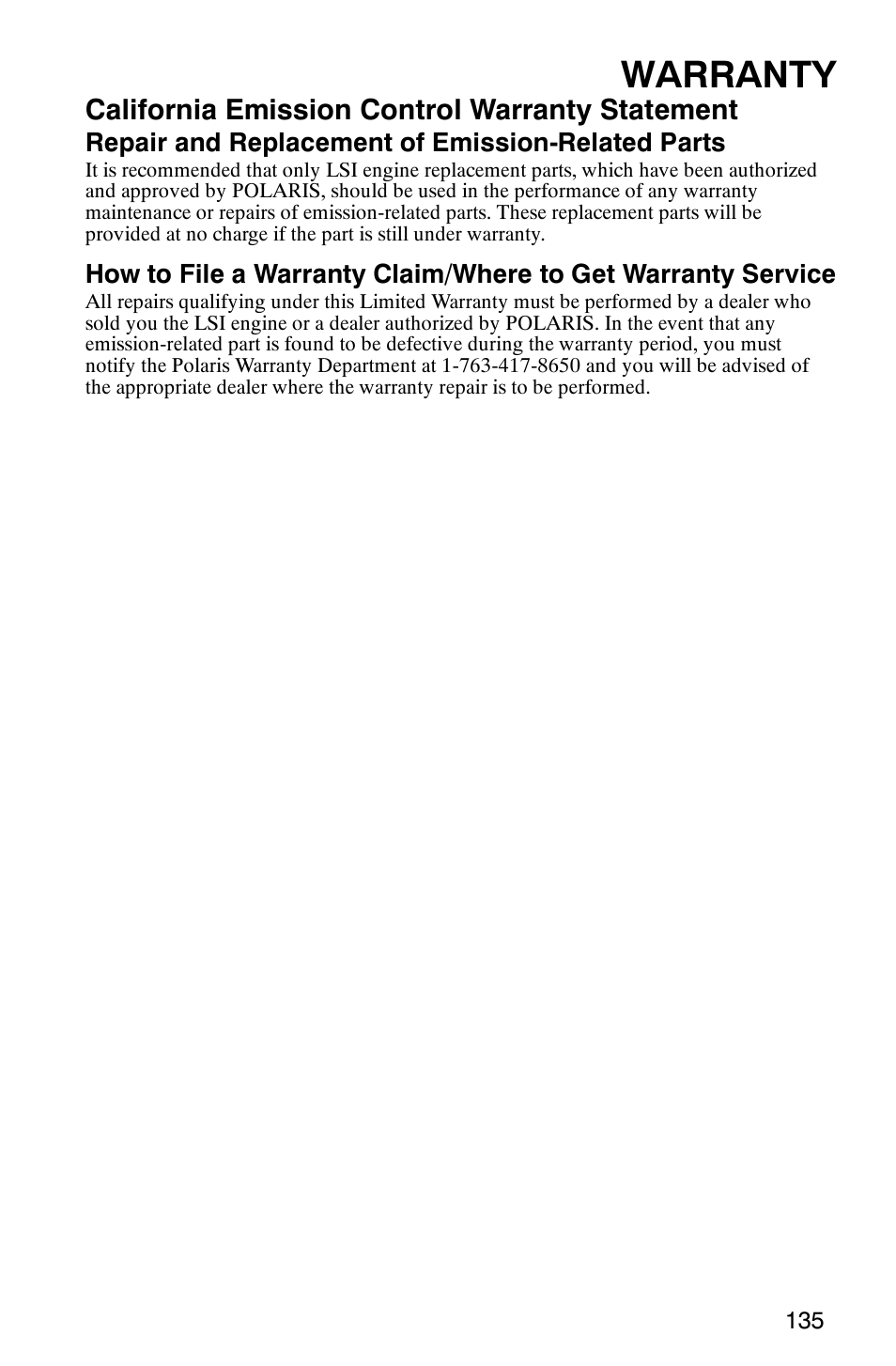 Warranty, California emission control warranty statement | Polaris ATP 330 4x4 User Manual | Page 138 / 140