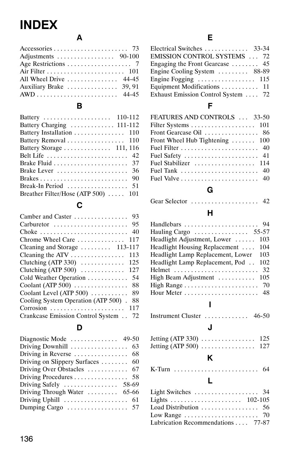 Index | Polaris ATP 330 4x4 User Manual | Page 139 / 140