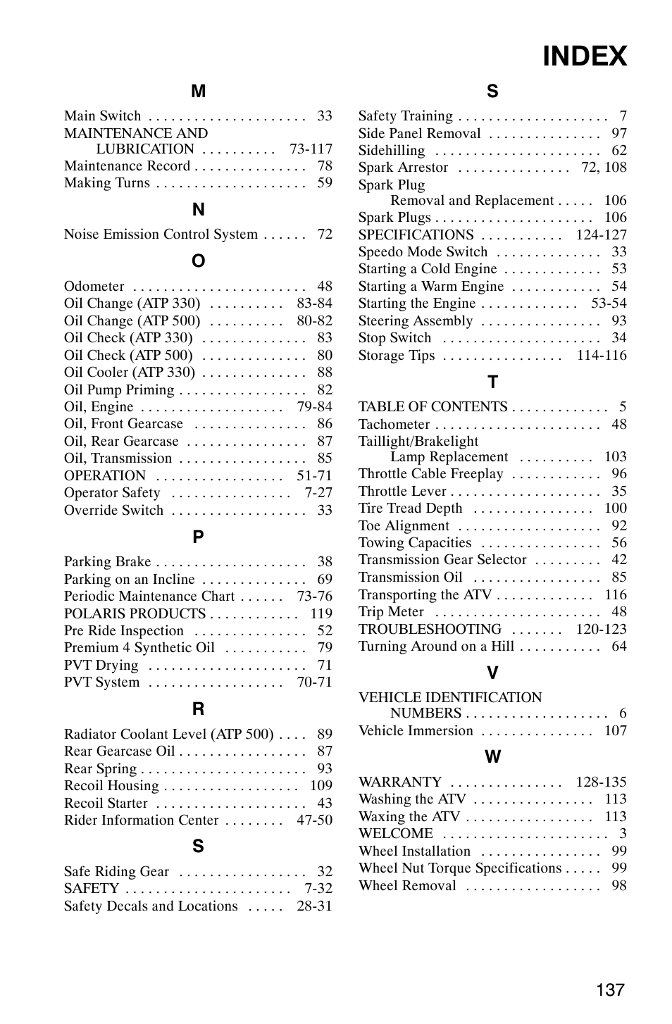 Index | Polaris ATP 330 4x4 User Manual | Page 140 / 140