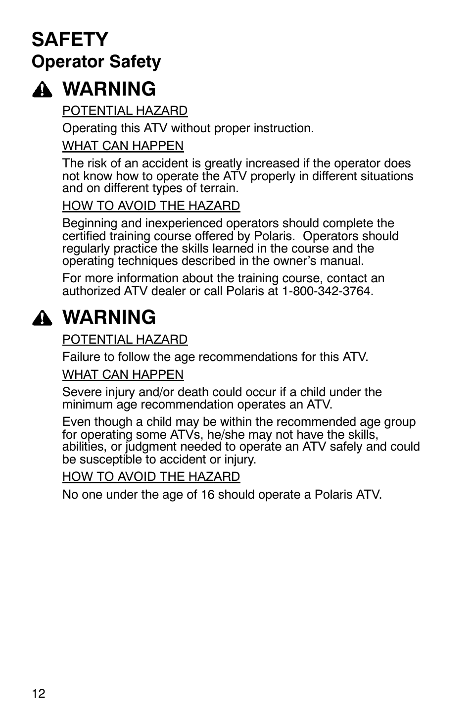 Safety, Warning, Operator safety | Polaris ATP 330 4x4 User Manual | Page 15 / 140