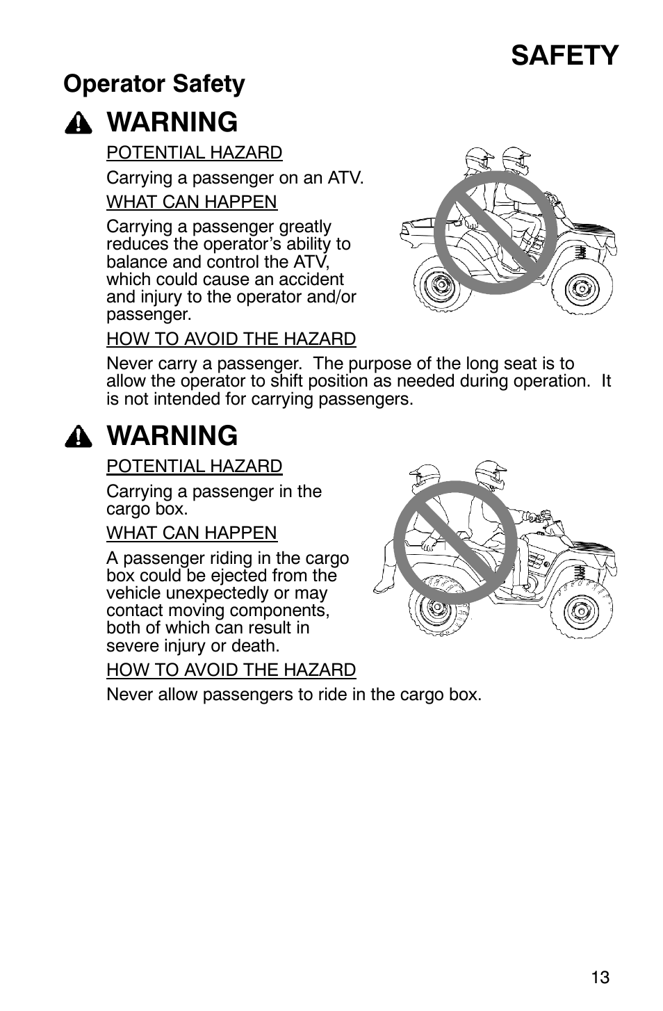 Safety, Warning, Operator safety | Polaris ATP 330 4x4 User Manual | Page 16 / 140