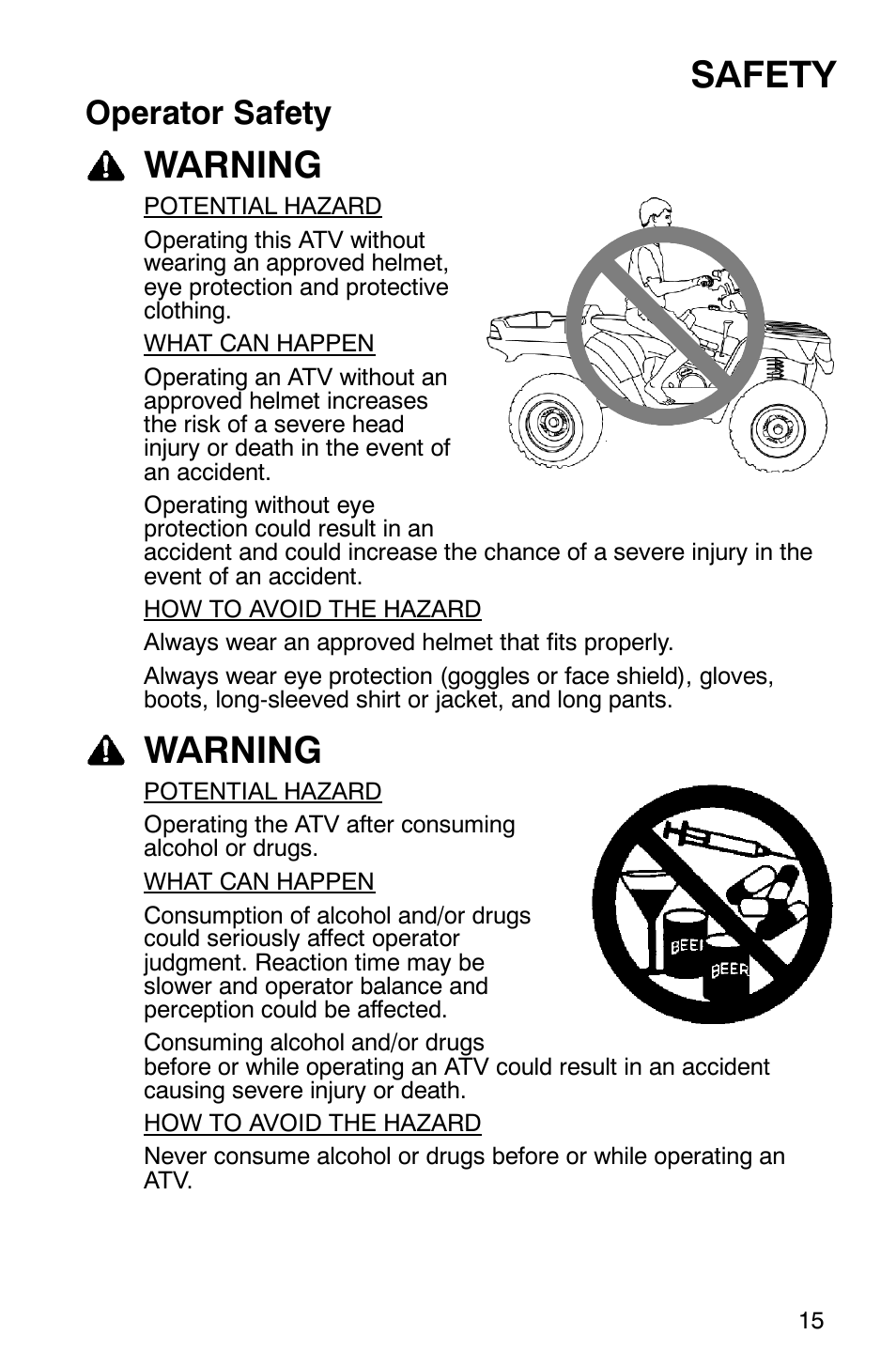 Safety, Warning, Operator safety | Polaris ATP 330 4x4 User Manual | Page 18 / 140