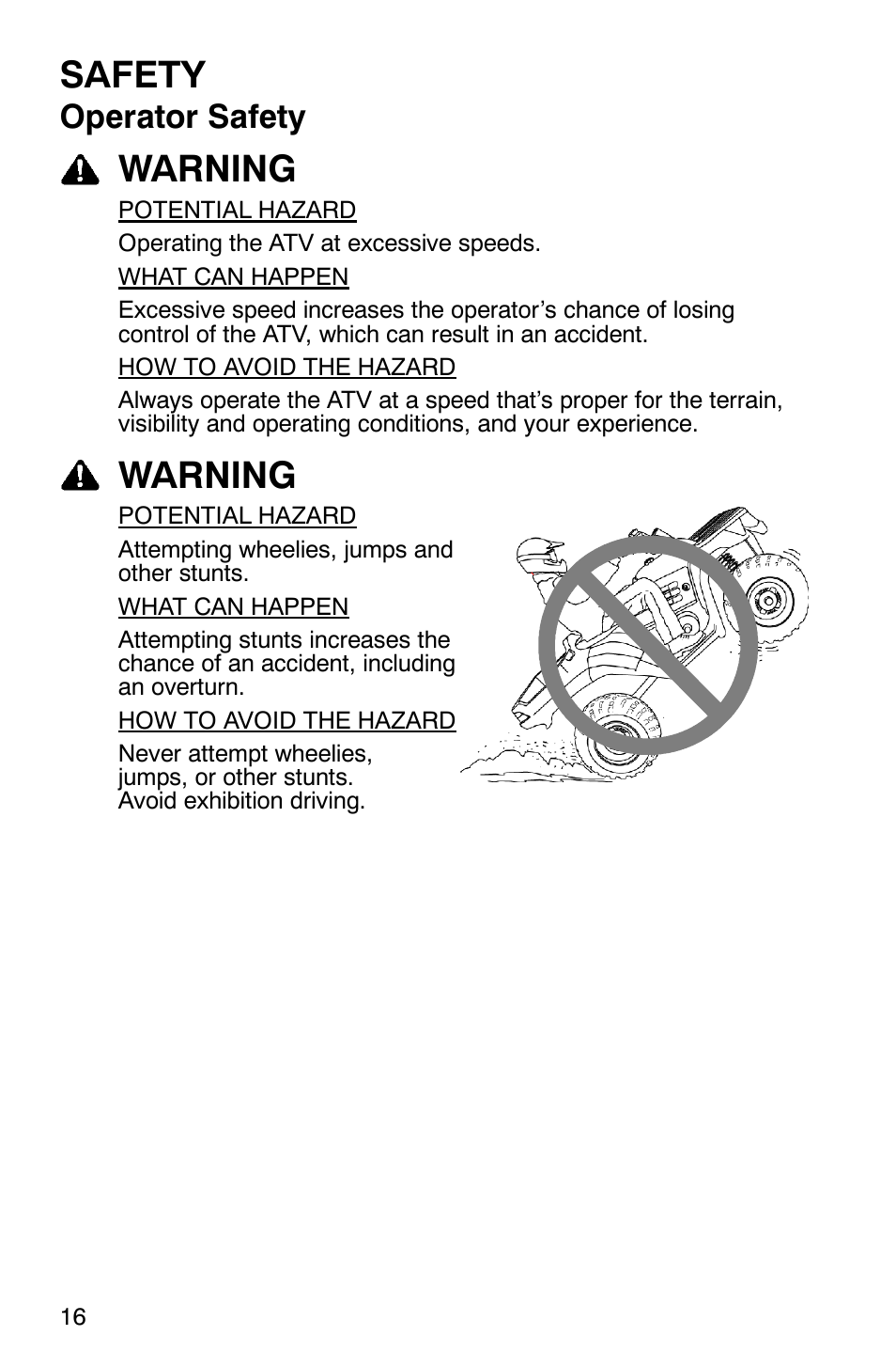 Safety, Warning, Operator safety | Polaris ATP 330 4x4 User Manual | Page 19 / 140