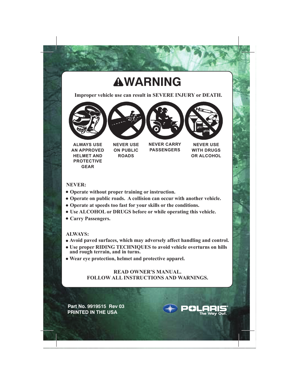 Warning | Polaris ATP 330 4x4 User Manual | Page 2 / 140