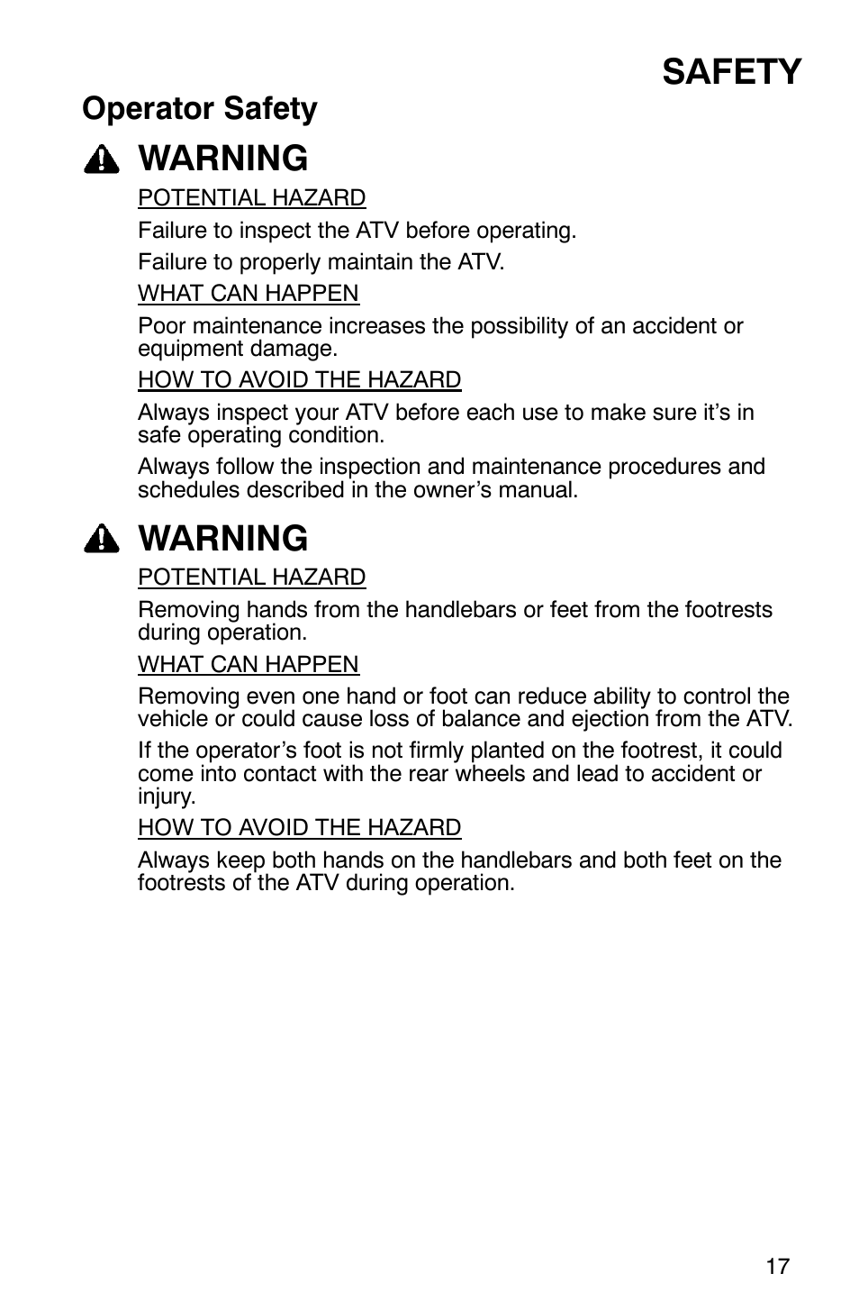 Safety, Warning, Operator safety | Polaris ATP 330 4x4 User Manual | Page 20 / 140