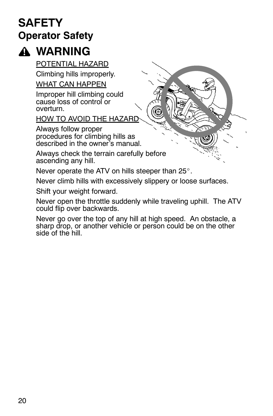 Safety, Warning, Operator safety | Polaris ATP 330 4x4 User Manual | Page 23 / 140