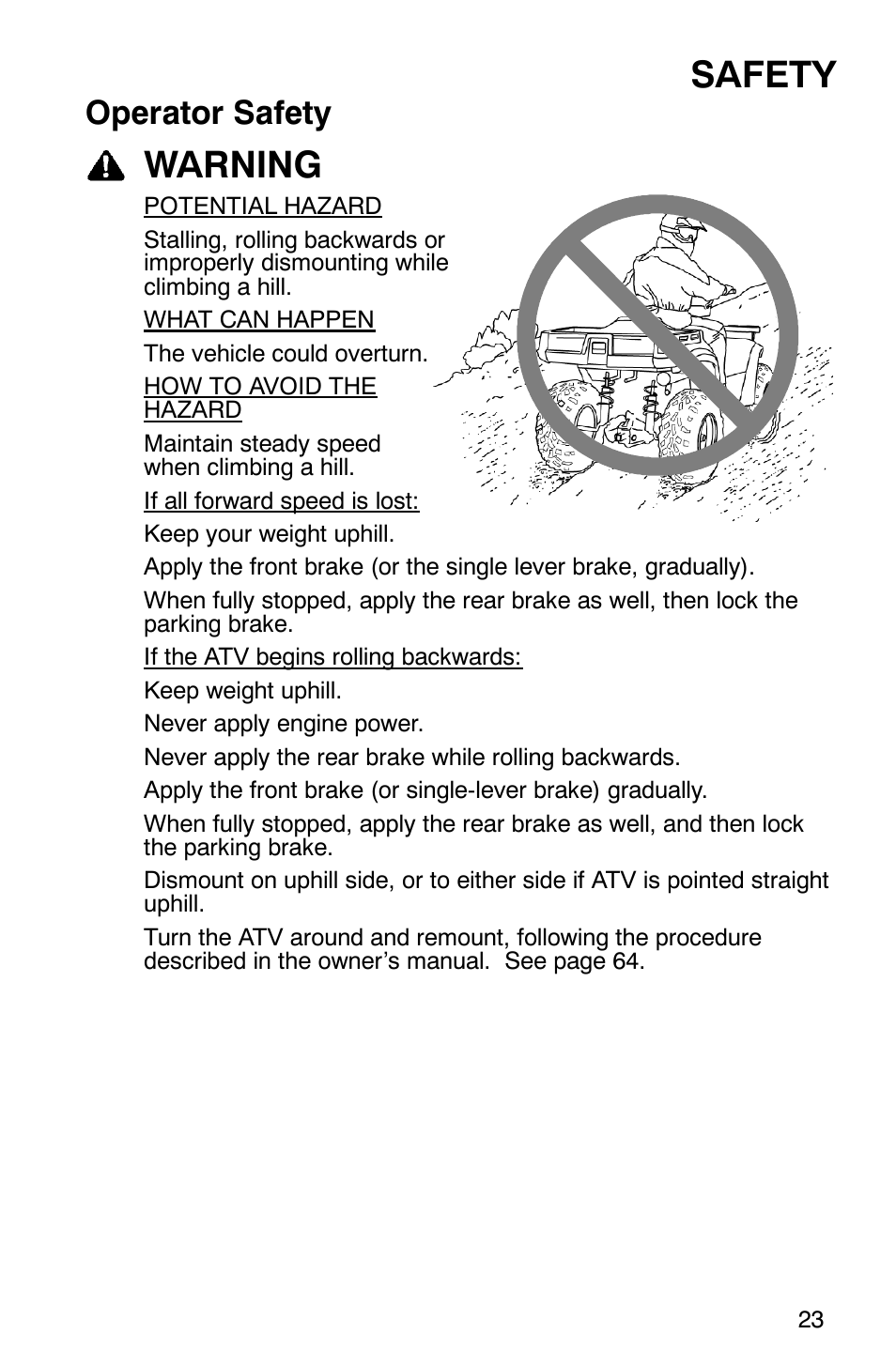 Safety, Warning, Operator safety | Polaris ATP 330 4x4 User Manual | Page 26 / 140