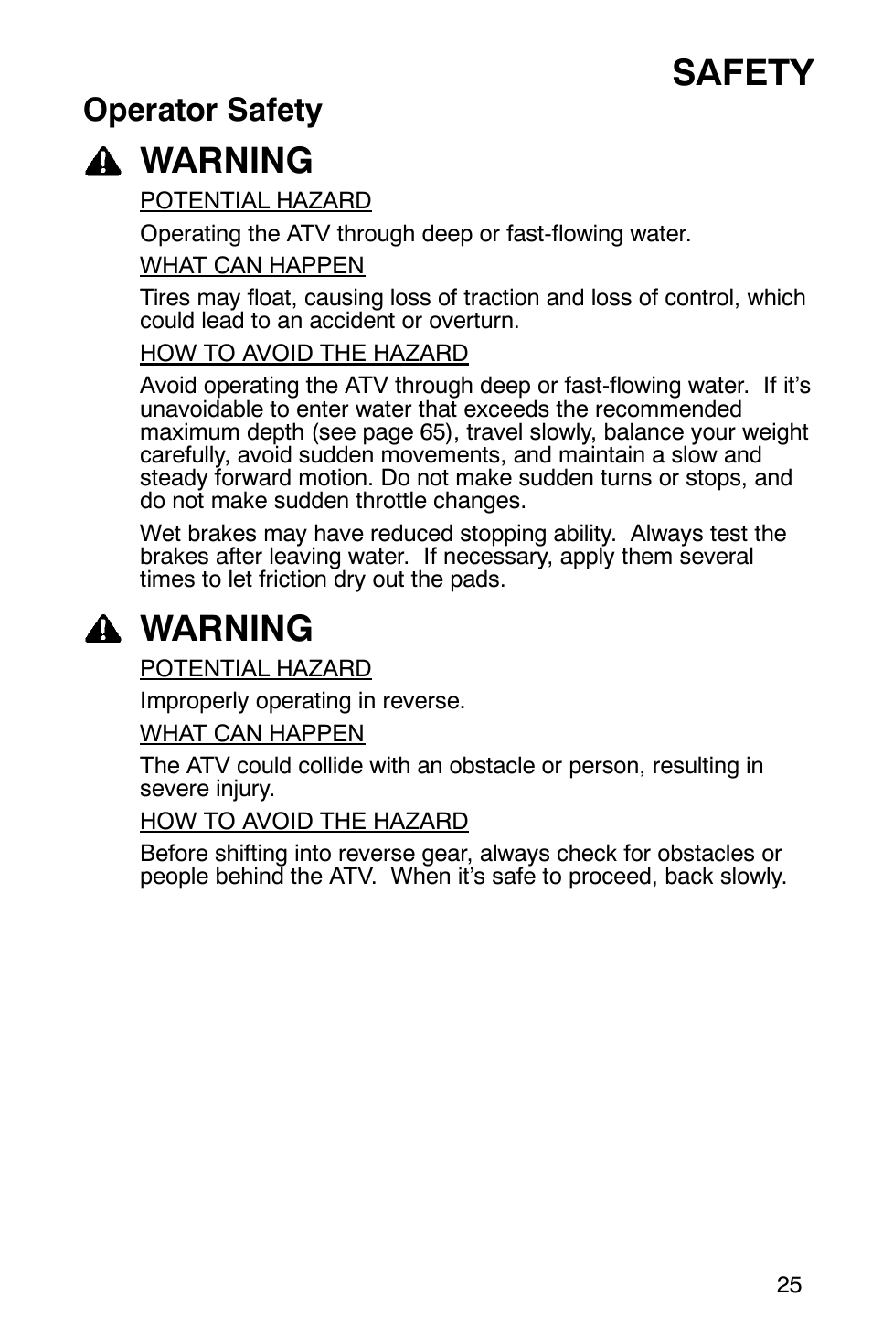 Safety, Warning, Operator safety | Polaris ATP 330 4x4 User Manual | Page 28 / 140