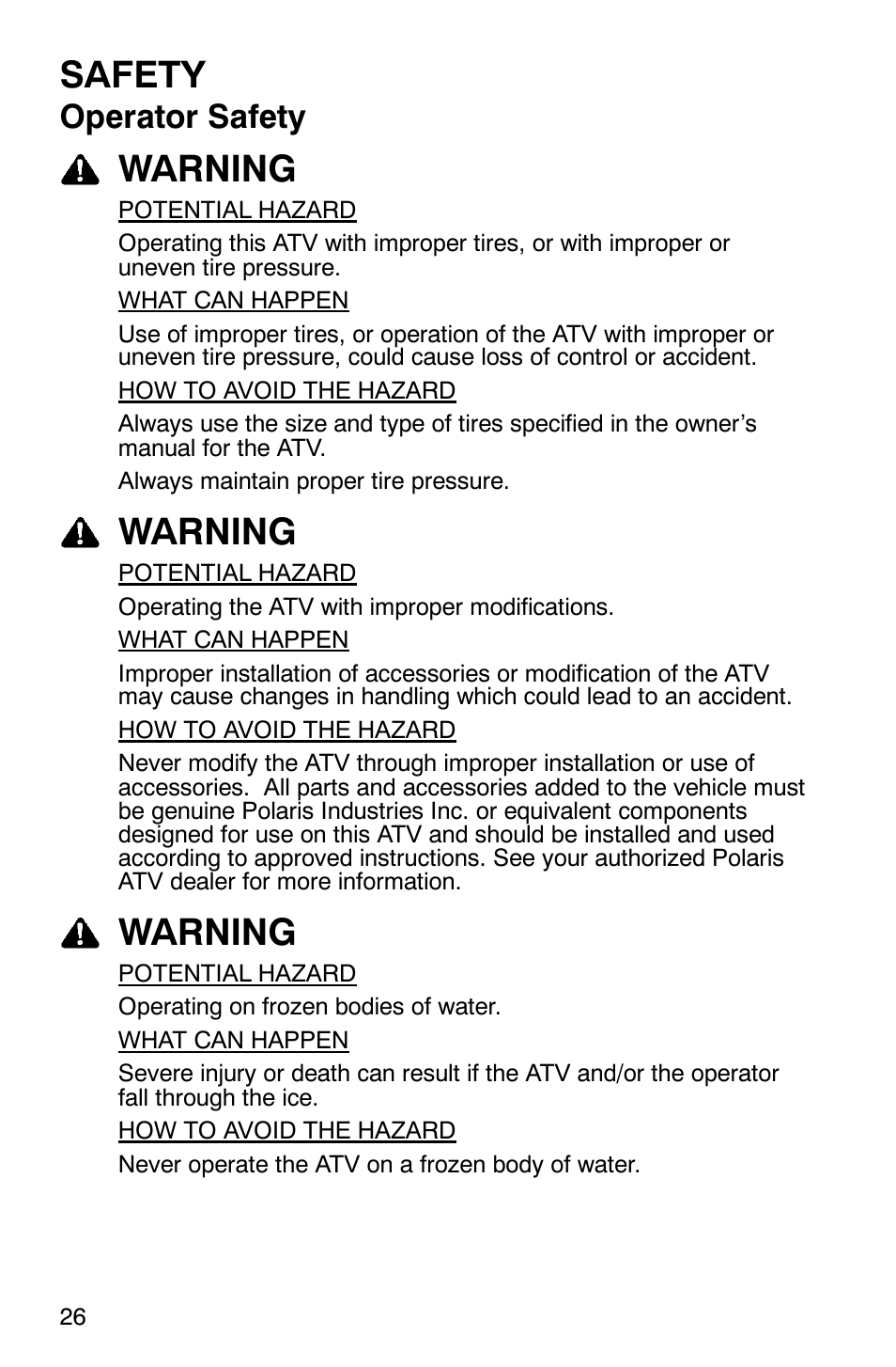 Safety, Warning, Operator safety | Polaris ATP 330 4x4 User Manual | Page 29 / 140