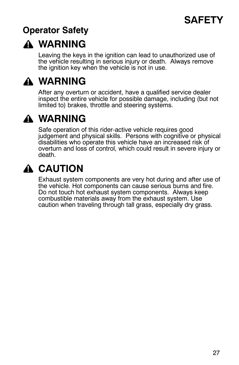 Safety, Warning, Caution | Operator safety | Polaris ATP 330 4x4 User Manual | Page 30 / 140