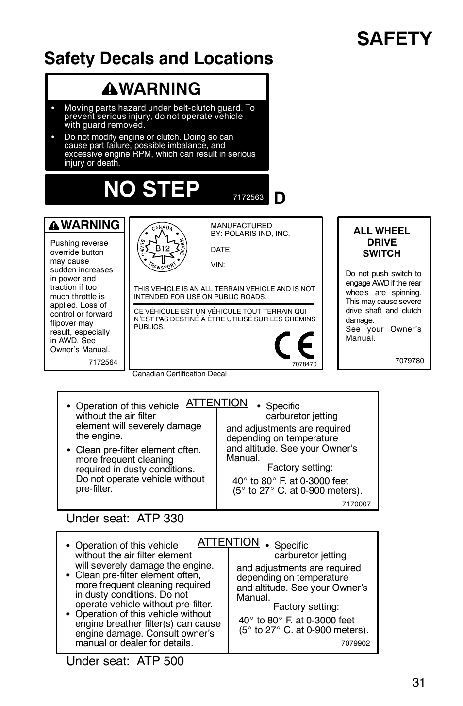 No step, Safety, Safety decals and locations | Warning, Under seat: atp 330, Under seat: atp 500 | Polaris ATP 330 4x4 User Manual | Page 34 / 140