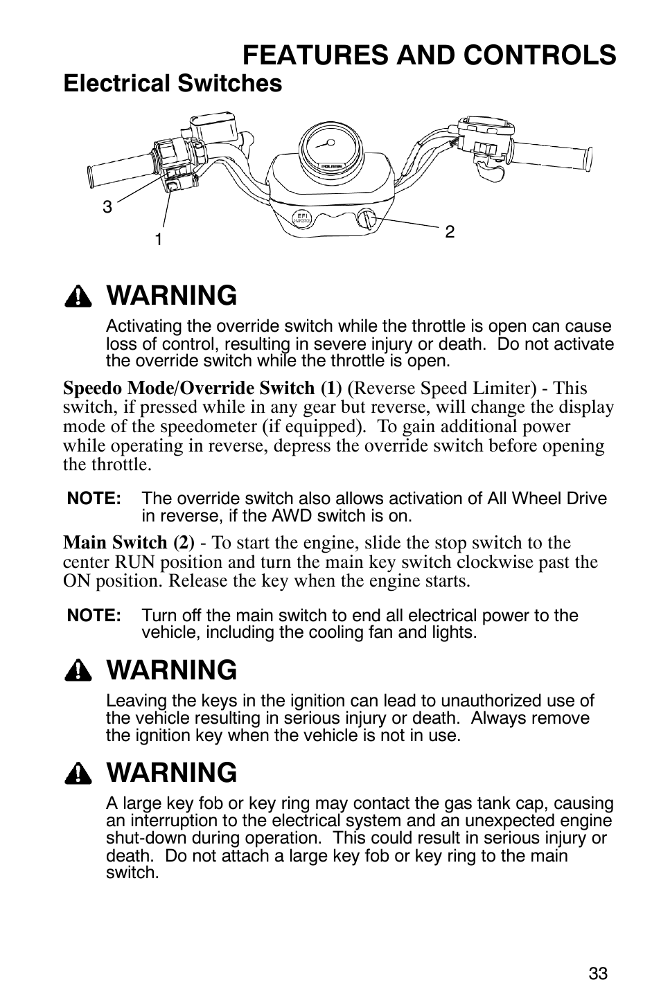 Features and controls, Warning, Electrical switches | Polaris ATP 330 4x4 User Manual | Page 36 / 140