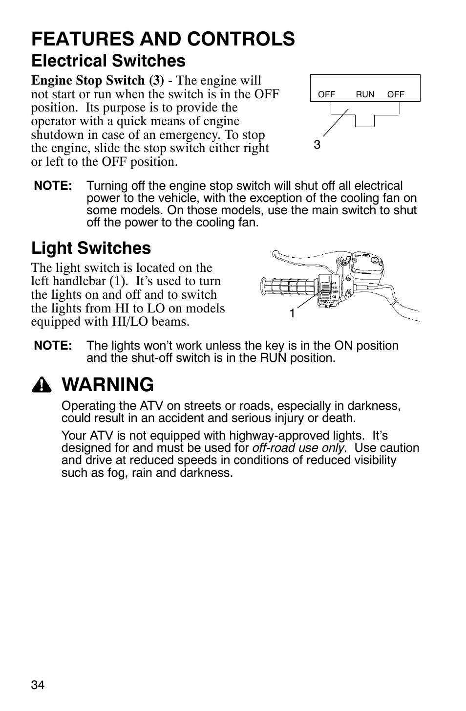 Features and controls, Warning, Electrical switches | Light switches | Polaris ATP 330 4x4 User Manual | Page 37 / 140