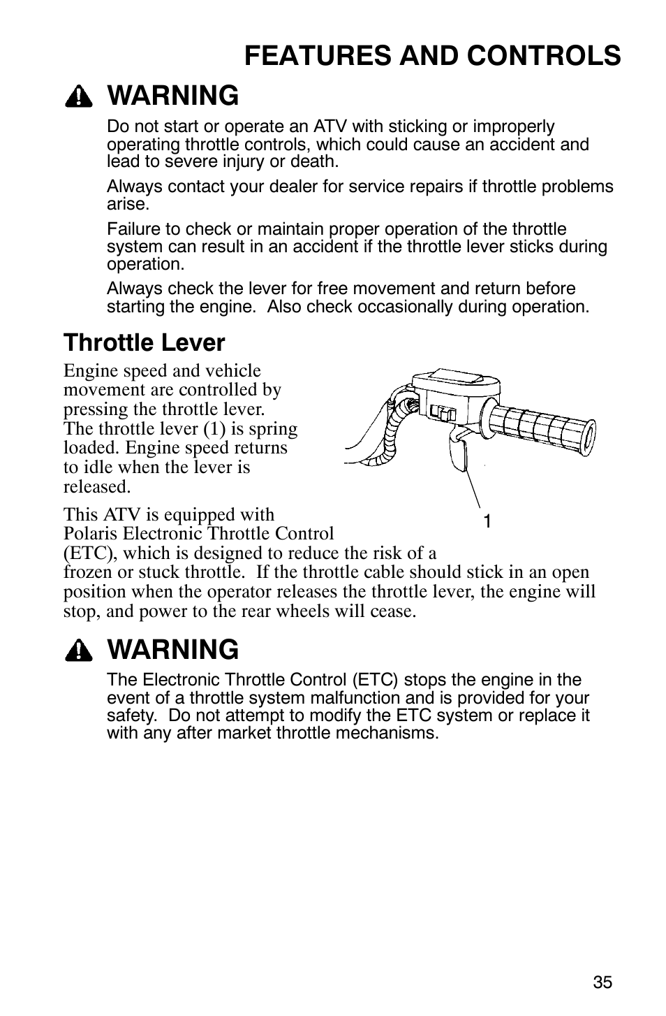 Features and controls warning, Warning, Throttle lever | Polaris ATP 330 4x4 User Manual | Page 38 / 140