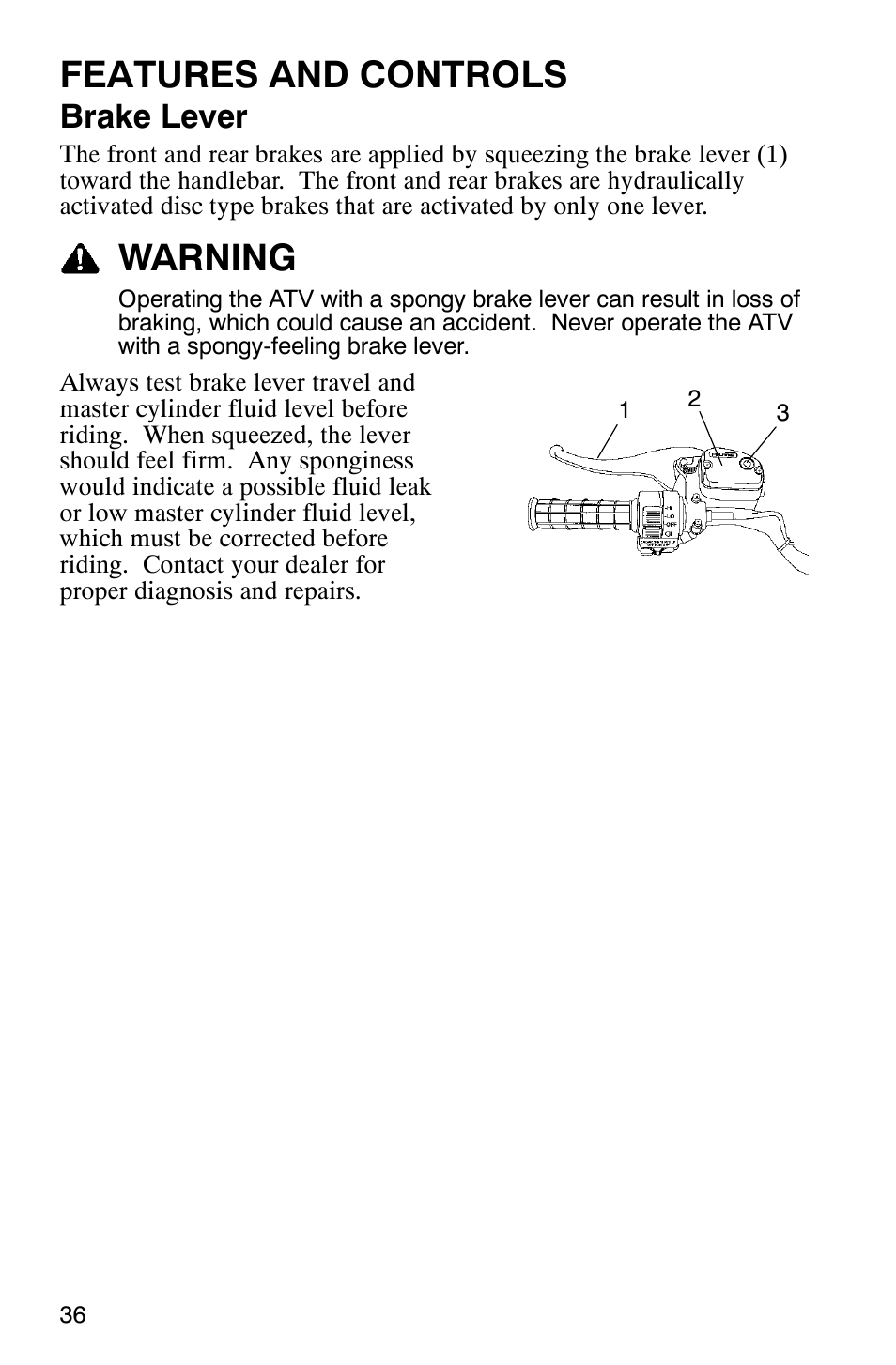 Features and controls, Warning, Brake lever | Polaris ATP 330 4x4 User Manual | Page 39 / 140