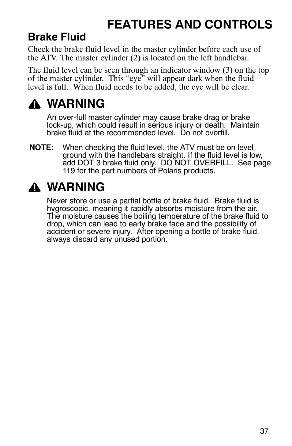 Features and controls, Warning, Brake fluid | Polaris ATP 330 4x4 User Manual | Page 40 / 140