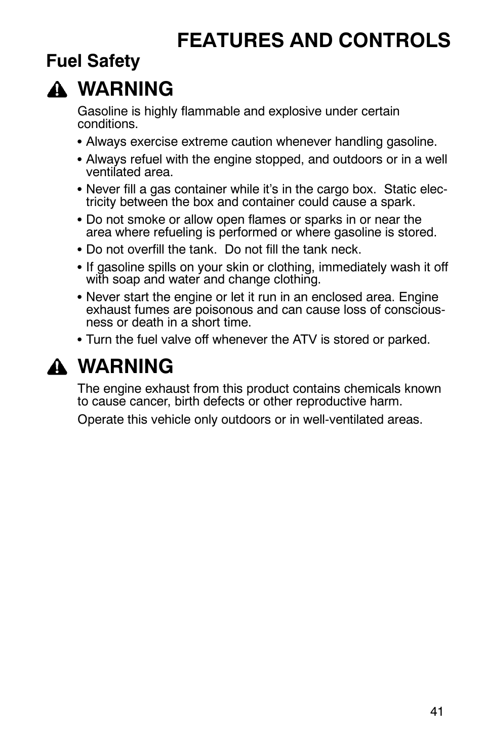 Features and controls, Warning, Fuel safety | Polaris ATP 330 4x4 User Manual | Page 44 / 140