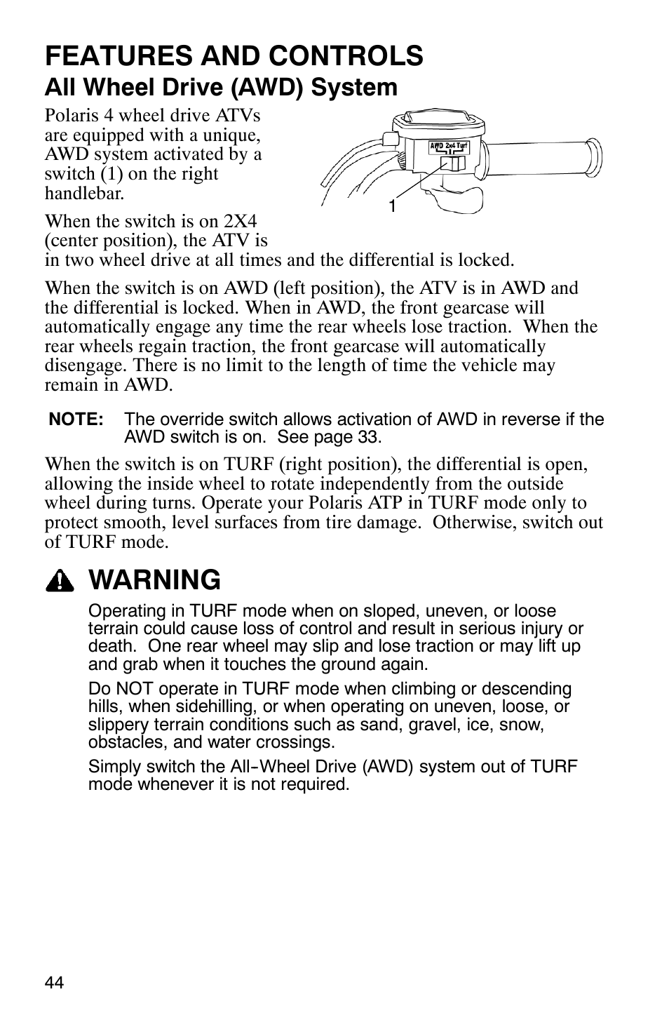 Features and controls, Warning, All wheel drive (awd) system | Polaris ATP 330 4x4 User Manual | Page 47 / 140