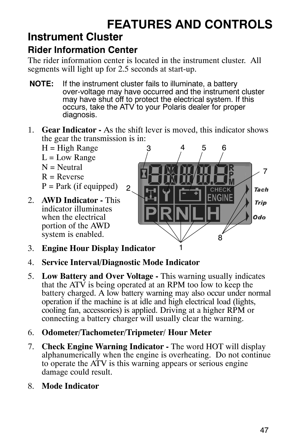 Features and controls, Instrument cluster | Polaris ATP 330 4x4 User Manual | Page 50 / 140