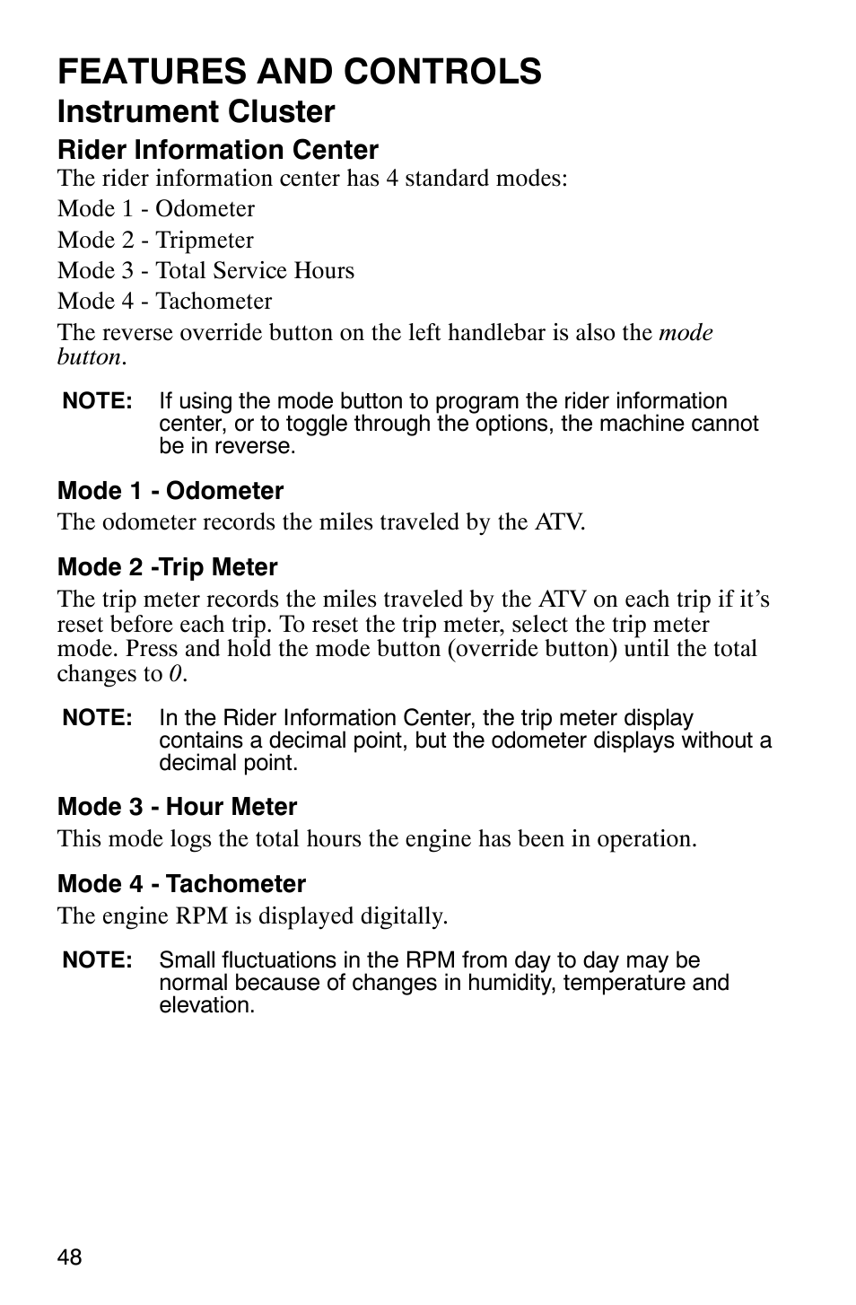 Features and controls, Instrument cluster | Polaris ATP 330 4x4 User Manual | Page 51 / 140