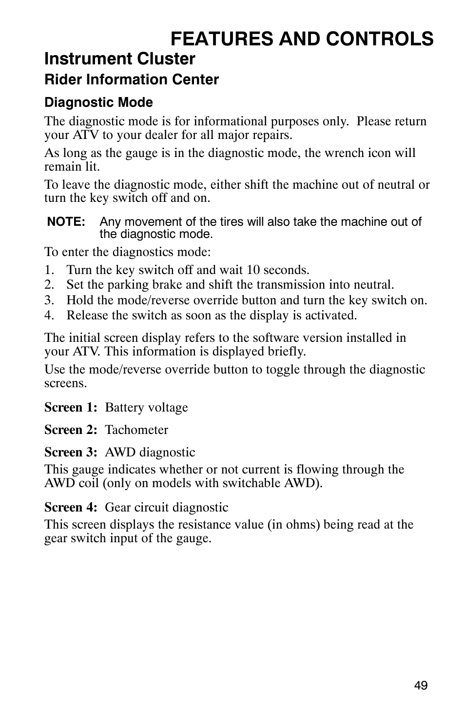 Features and controls, Instrument cluster | Polaris ATP 330 4x4 User Manual | Page 52 / 140