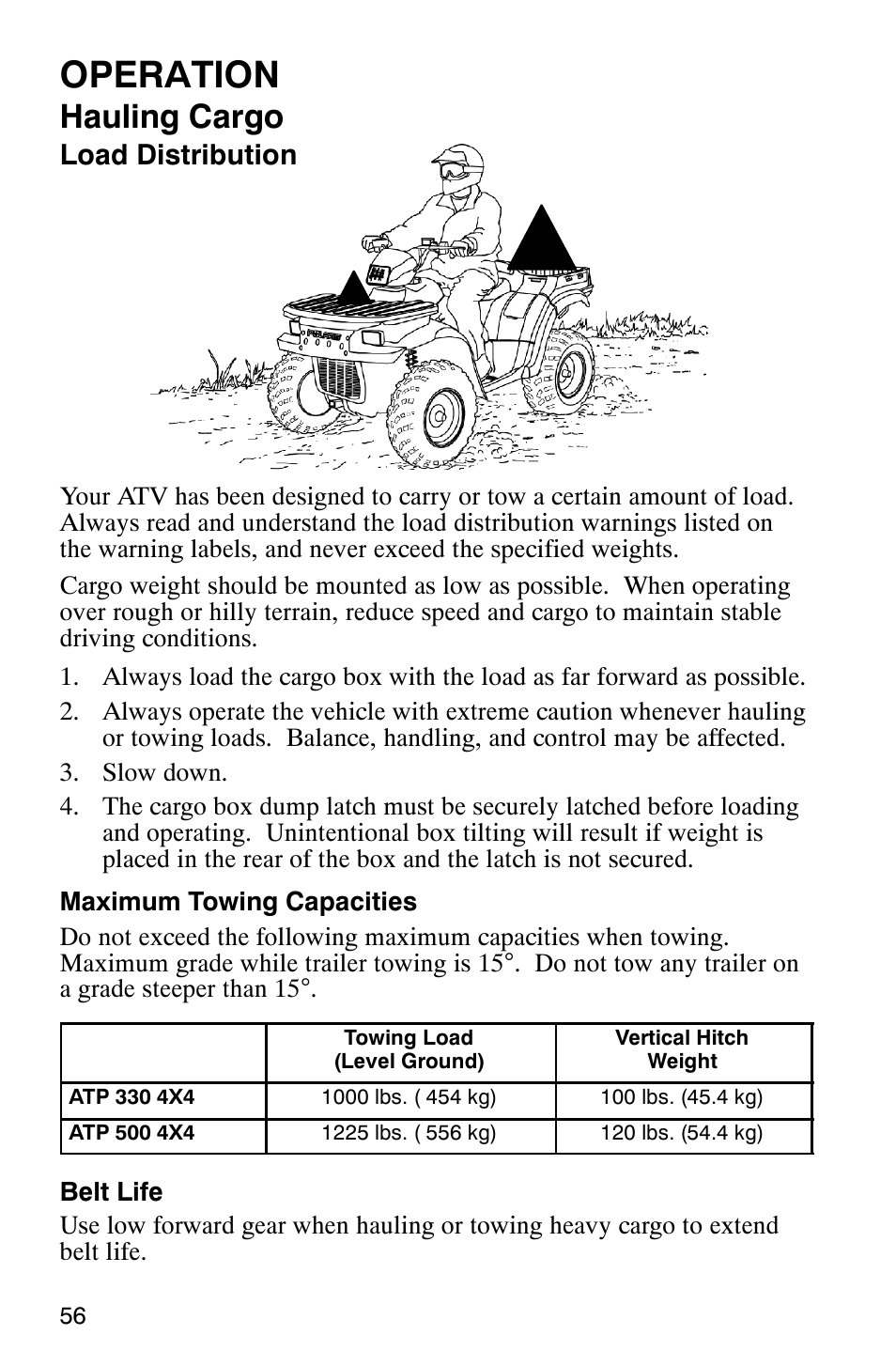 Operation, Hauling cargo, Load distribution | Polaris ATP 330 4x4 User Manual | Page 59 / 140