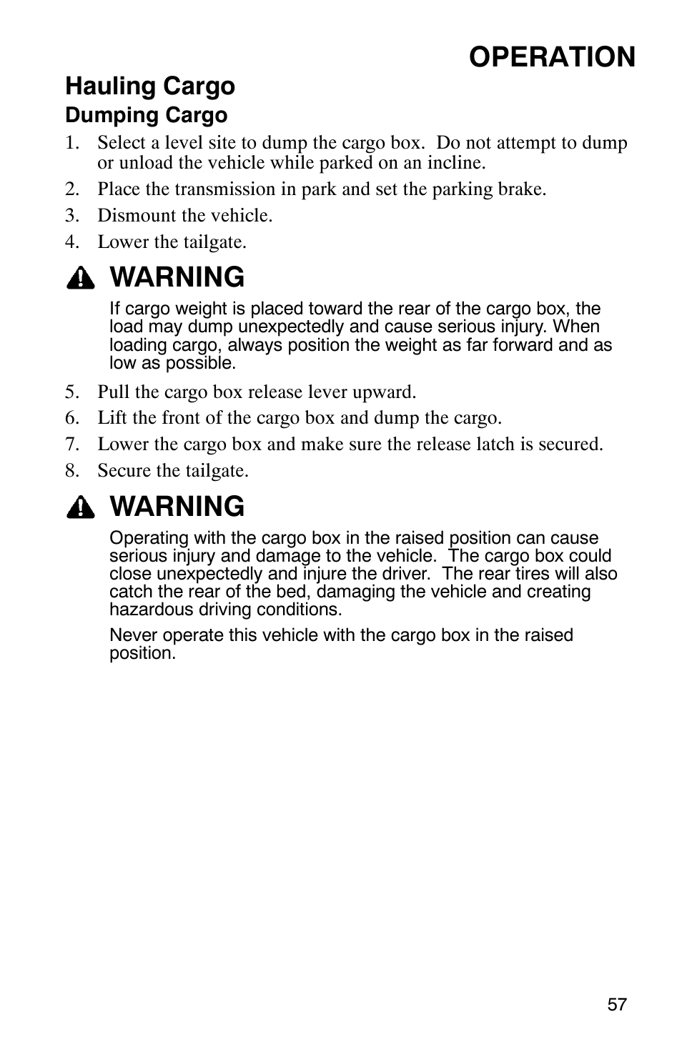 Operation, Warning, Hauling cargo | Polaris ATP 330 4x4 User Manual | Page 60 / 140