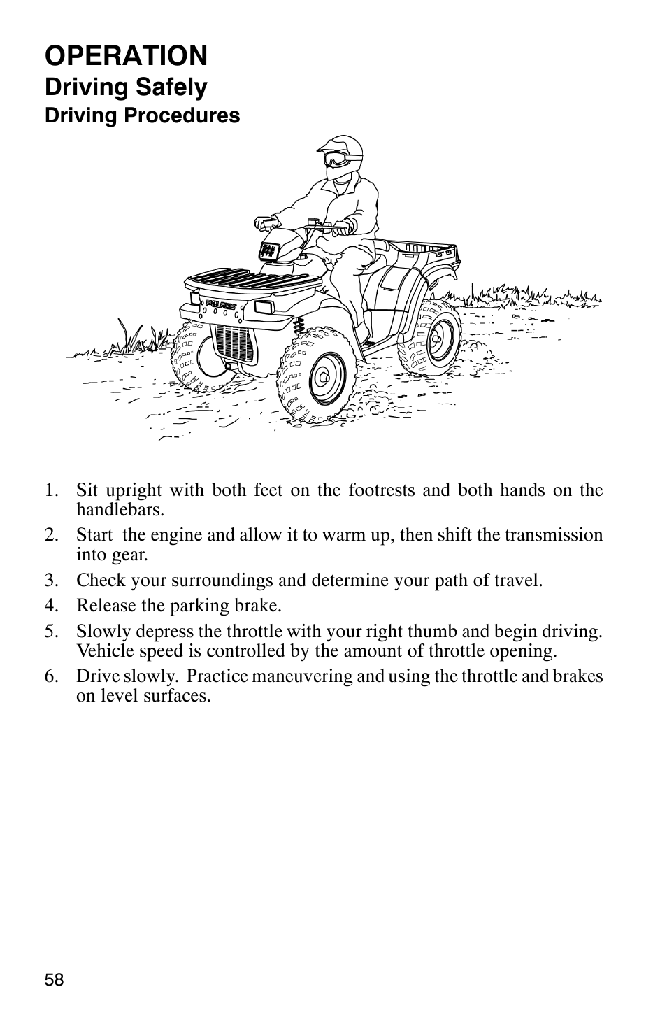 Operation, Driving safely | Polaris ATP 330 4x4 User Manual | Page 61 / 140